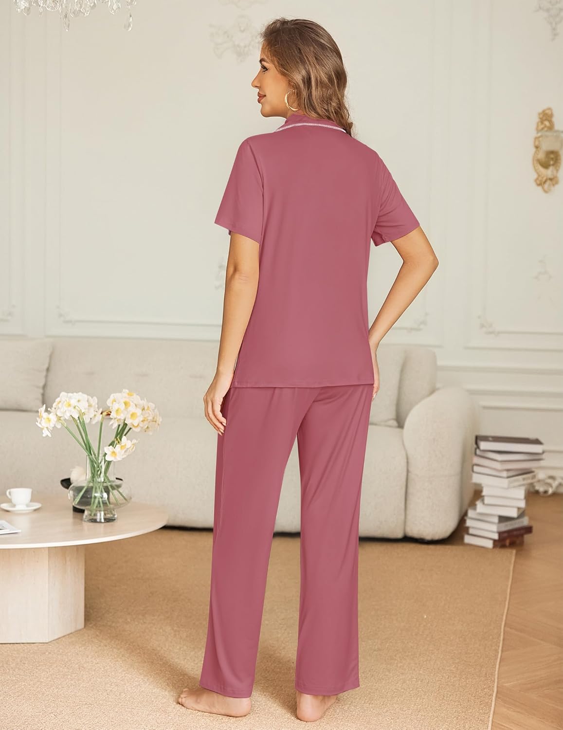 Old rose short-sleeve button-down pajama set with matching long pants, back view