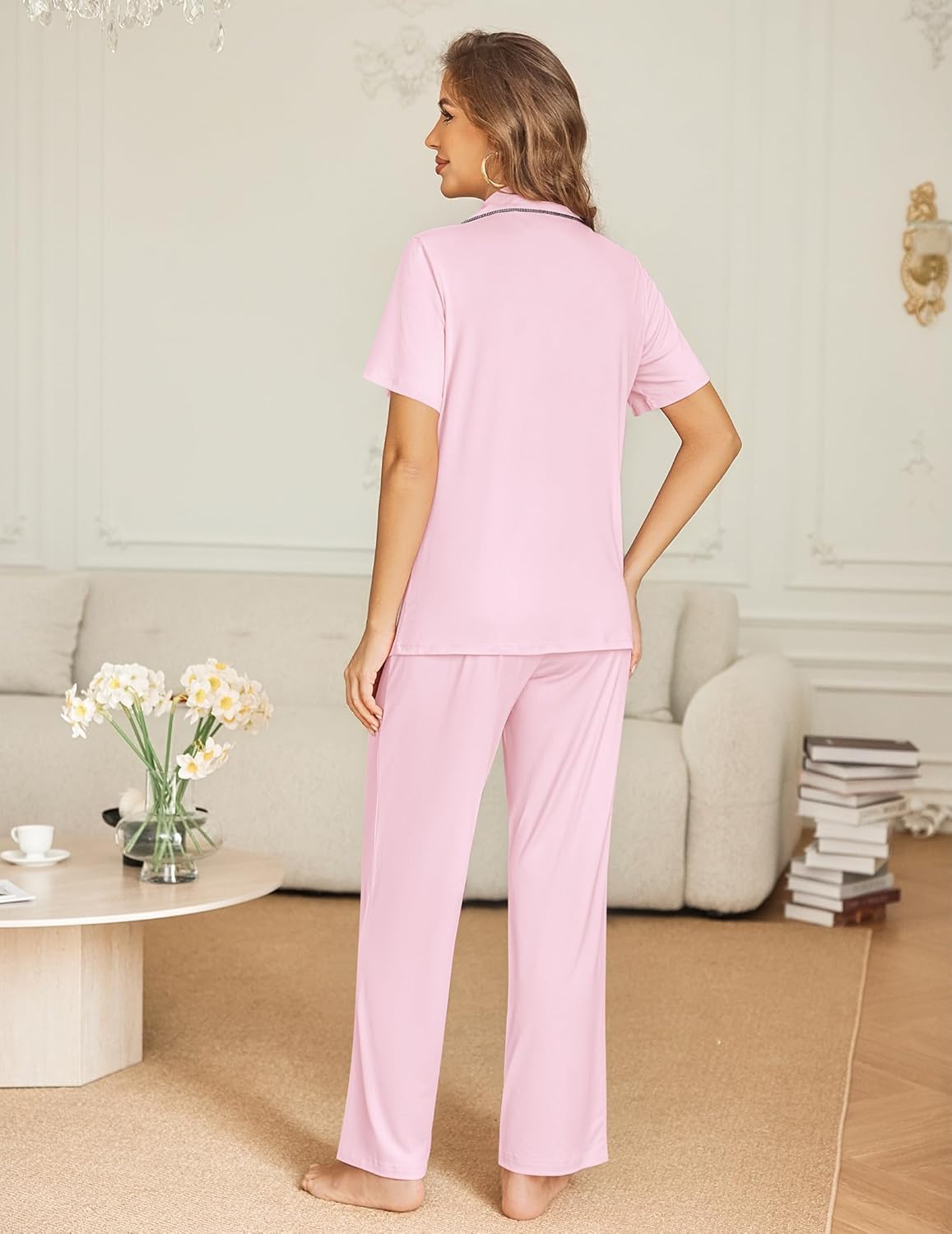 Pink short-sleeve button-down pajama top and matching long pants, back view