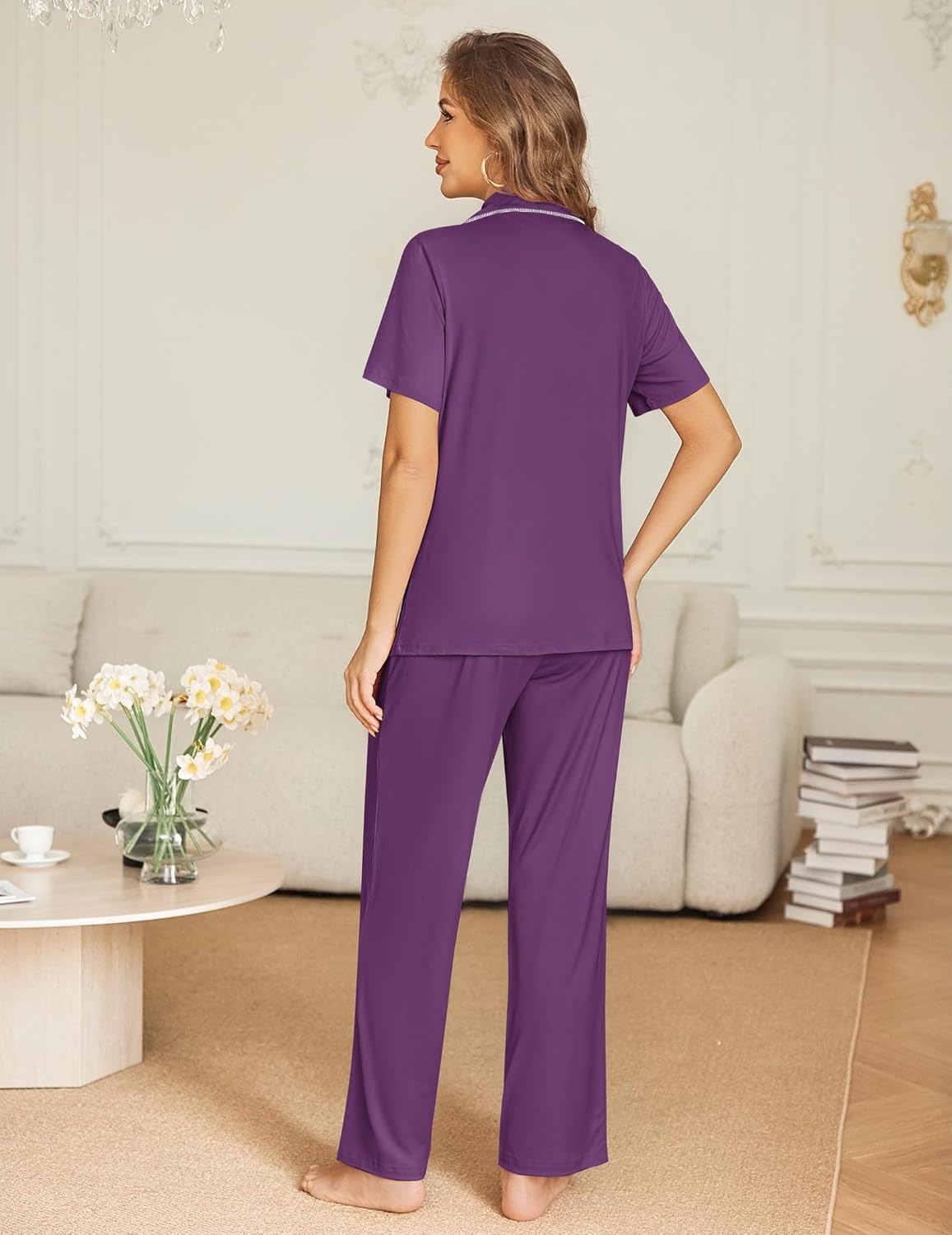 Purple short-sleeve button-down pajama top and matching long pants, back view