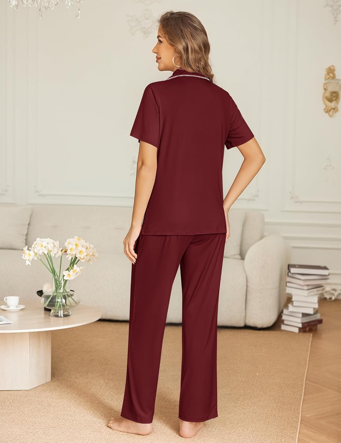Wine red pajama set with short-sleeve top and long pants, back view