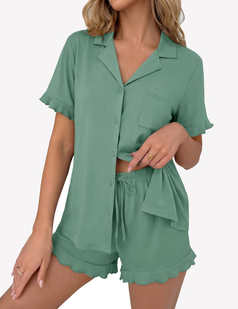 Green short-sleeve button pajama set with ruffle trim and drawstring shorts