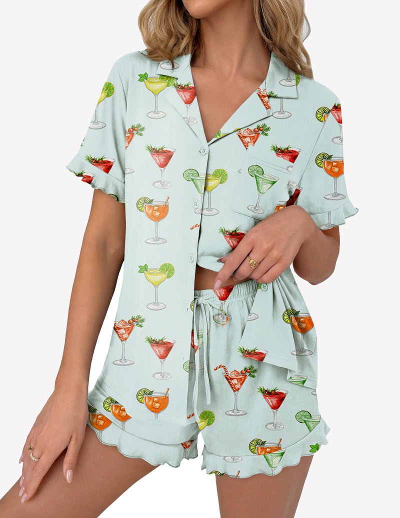 Light blue pajama set with cocktail print: button-up short sleeve top and drawstring shorts