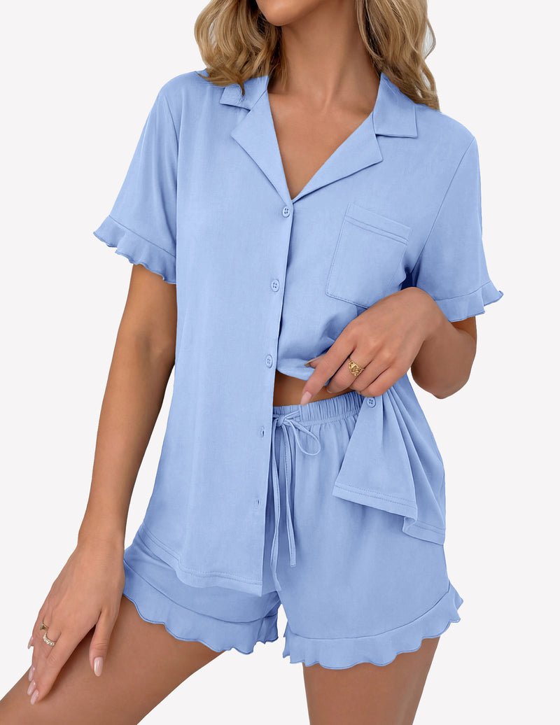 Blue button-down pajama set with ruffle short sleeves and drawstring shorts