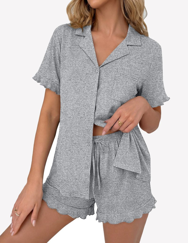 Gray short-sleeve button pajama set with ruffle trim and drawstring shorts