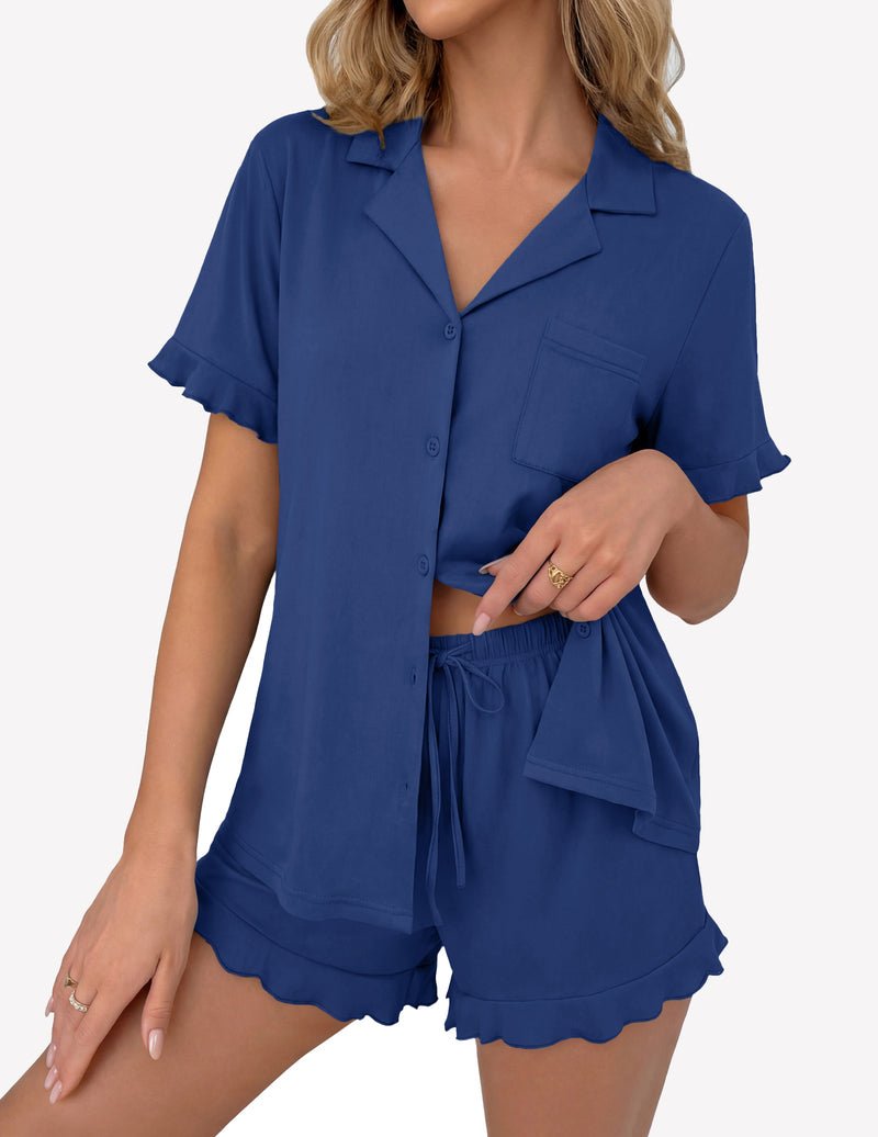 Blue short-sleeve button pajama set with ruffle hem and drawstring shorts