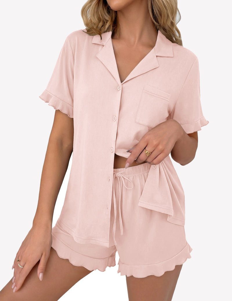 Pink short-sleeve button pajama set with ruffle hem and drawstring shorts