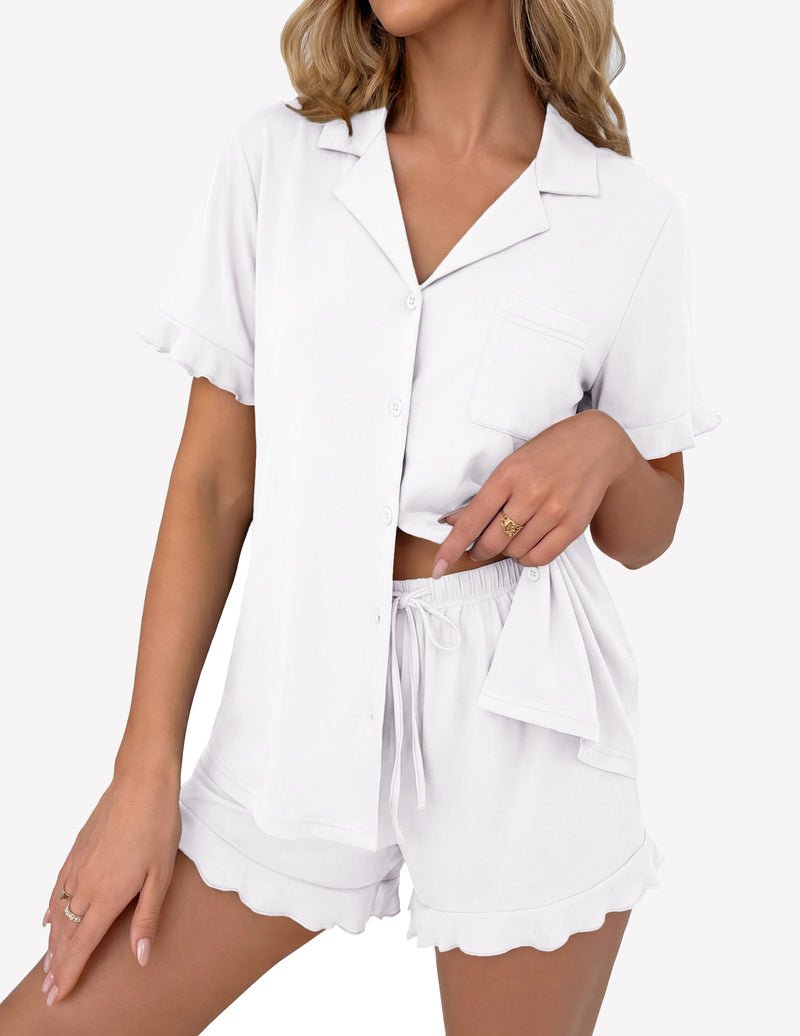 White short-sleeve button pajama set with ruffle hem and drawstring shorts