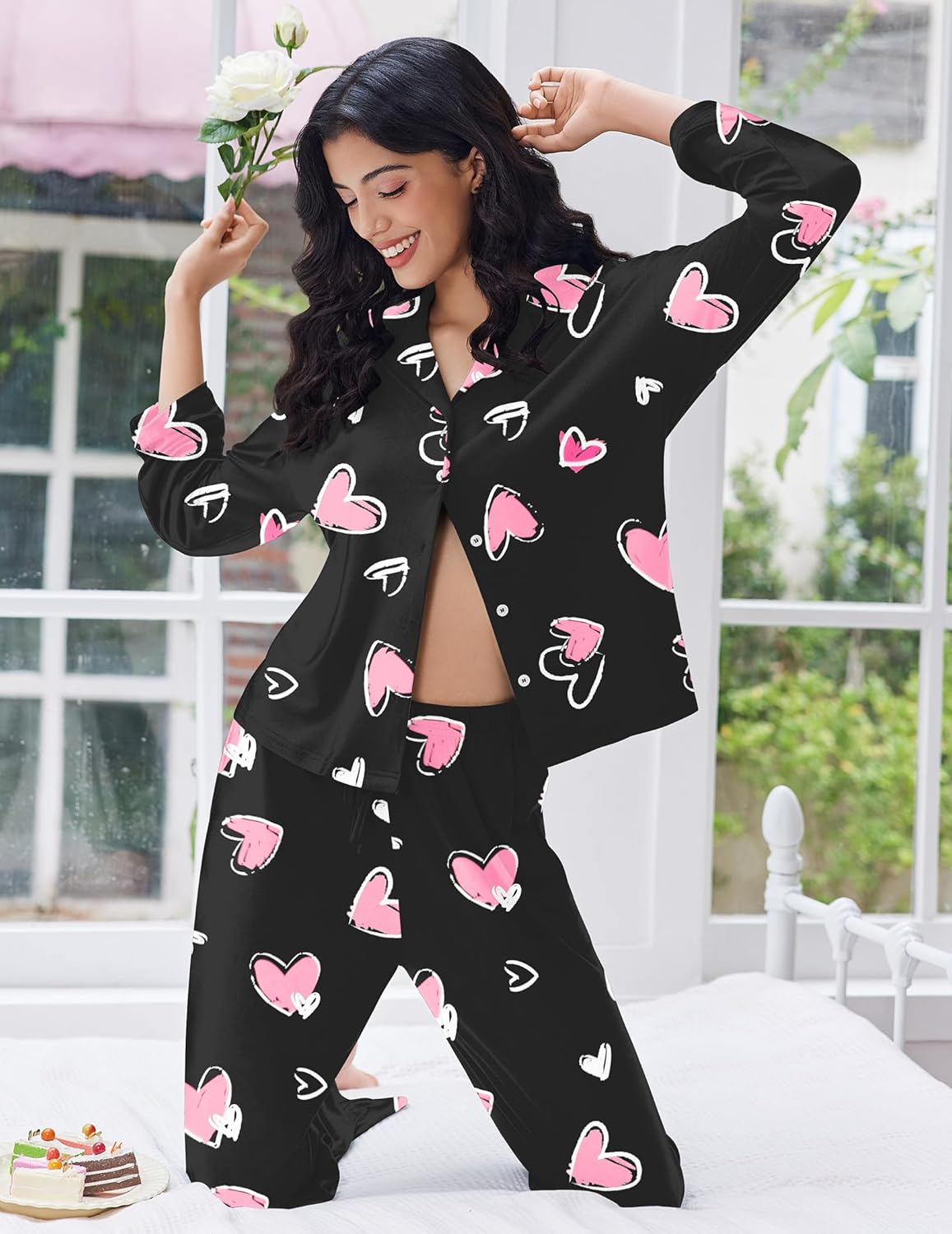 Button-down 2-piece pajama set, black with pink heart and butterfly pattern