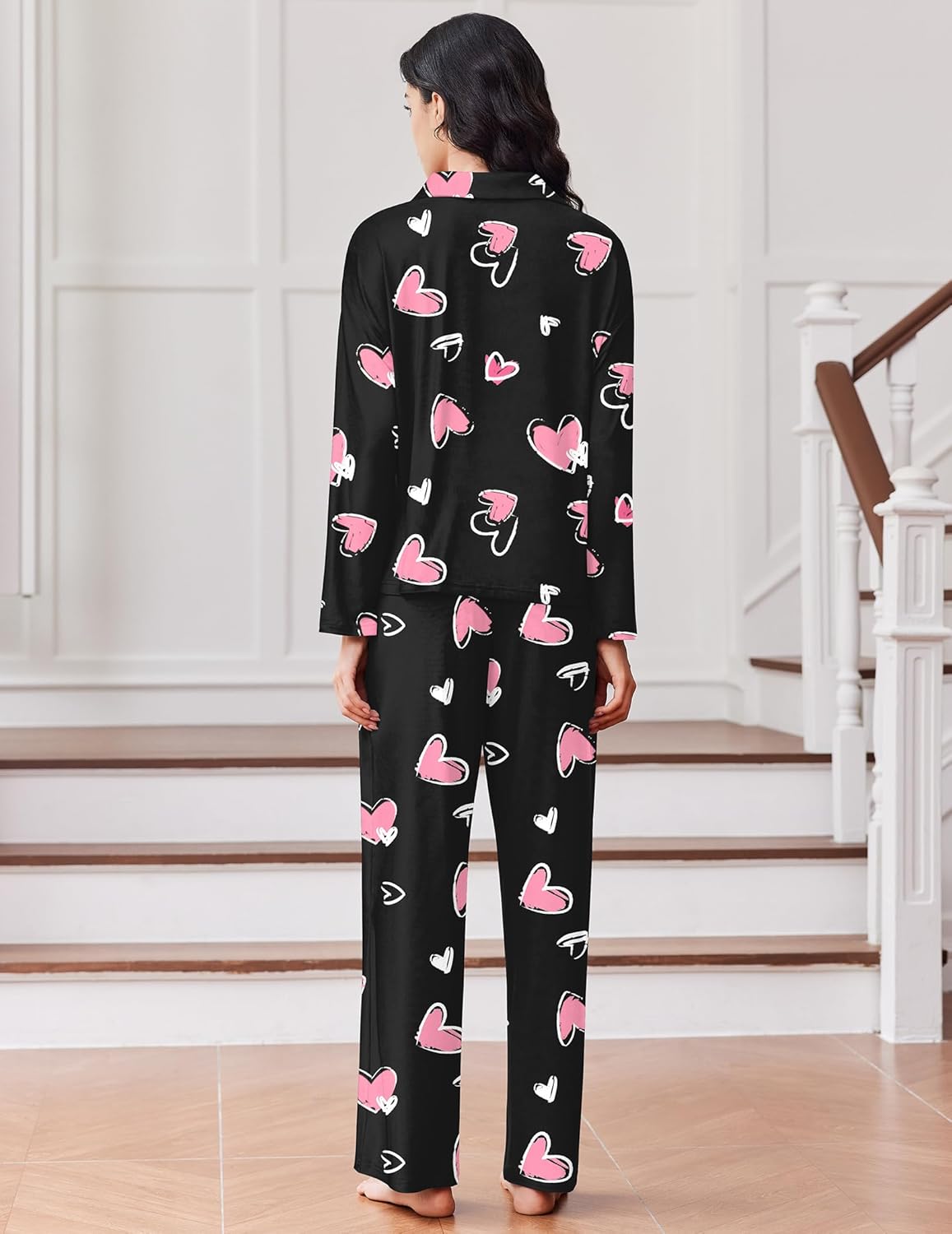 Button-down pajama set with long pants, black back view with pink heart print