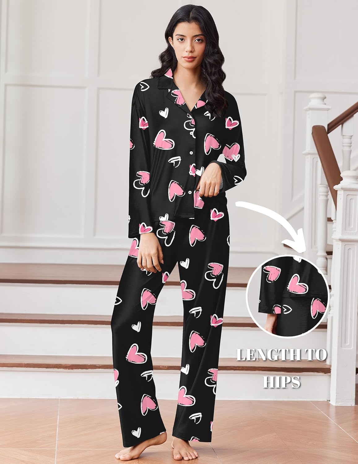 Button-down pajama set with long pants, black print with pink hearts and bows