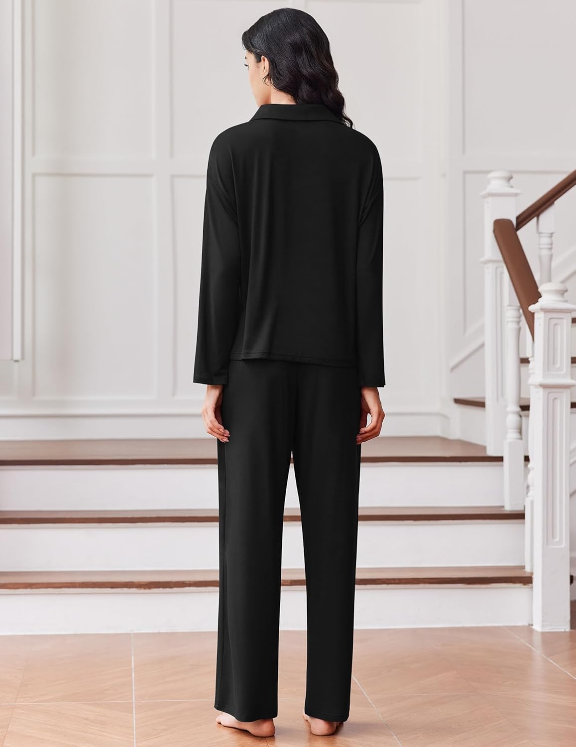 Black button-front pajama set, long-sleeve shirt and full-length pants
