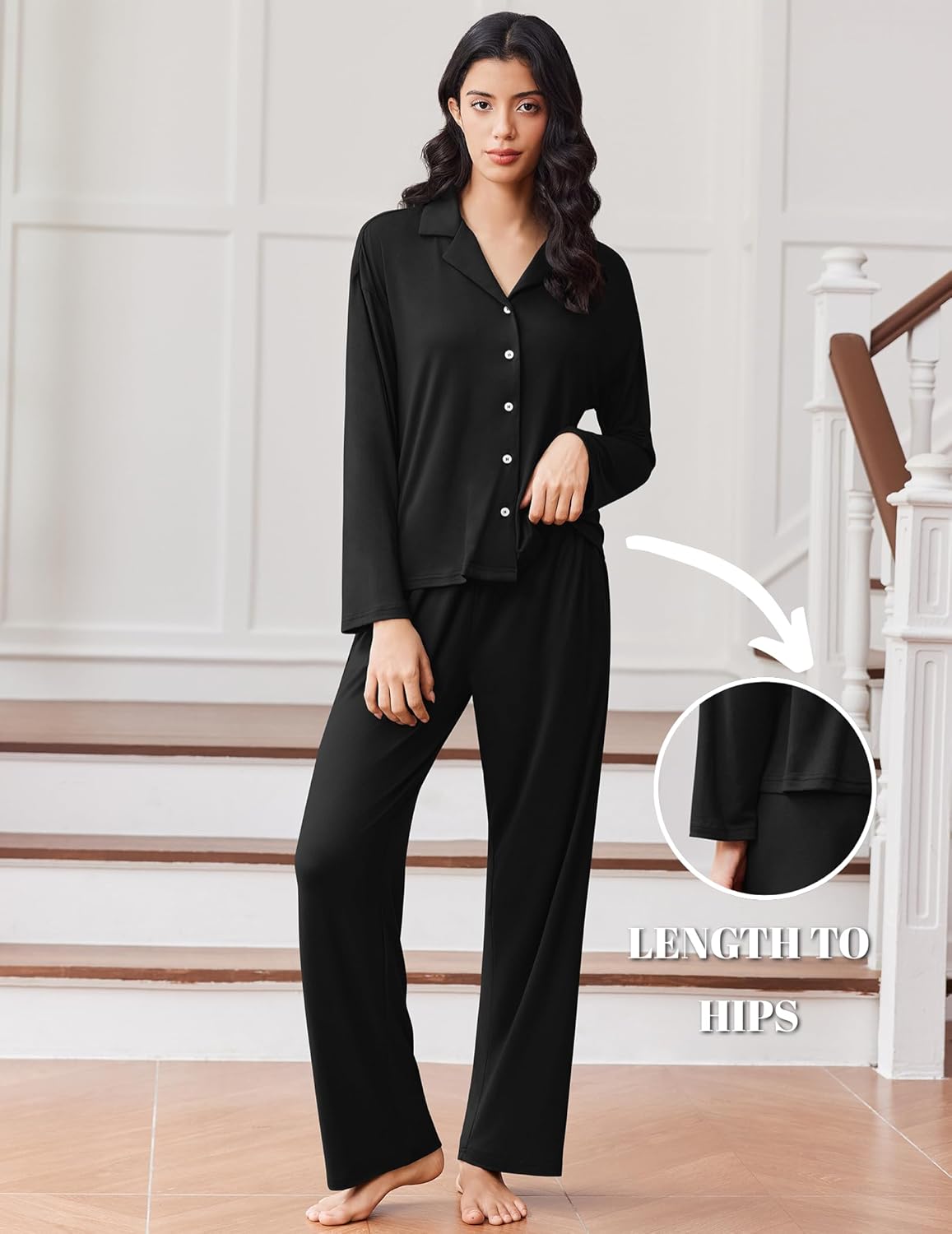 Button-down pajama set with long pants, black solid with front button closure