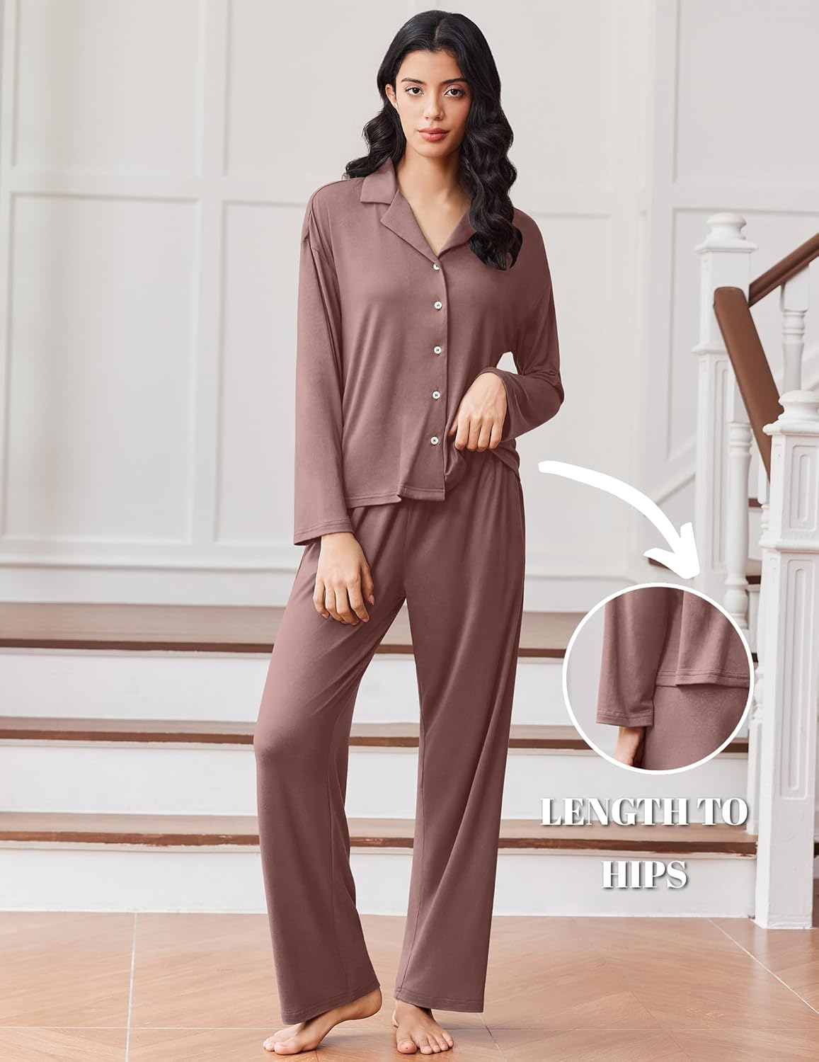 Button-down pajama set with long pants, taupe plain fabric with front buttons