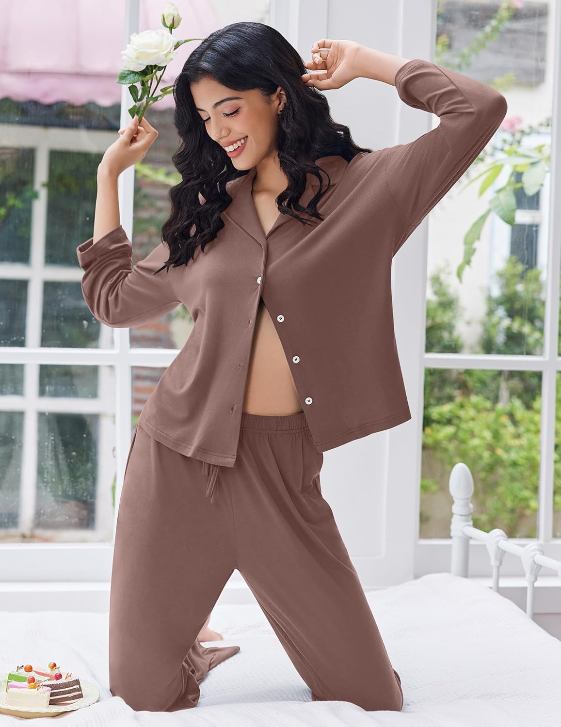 Button-down pajama set with long pants, taupe top and pants matching solid color