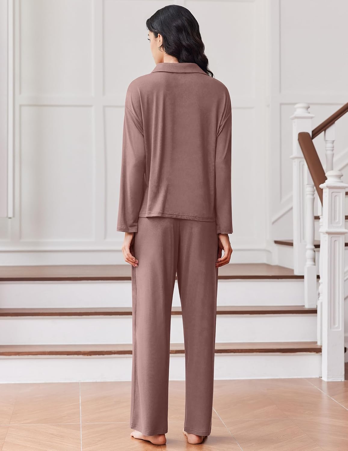 Button-down pajama set with long pants, taupe back view with button placket
