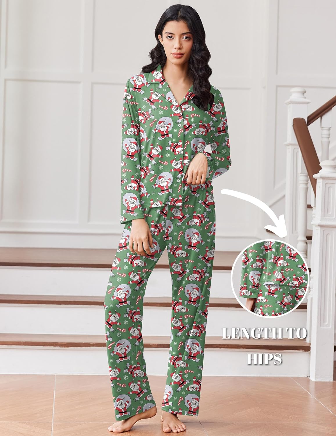 Pyjama-Set mit Knopfleiste, grünem Weihnachtsmuster mit Santa, lange Hose