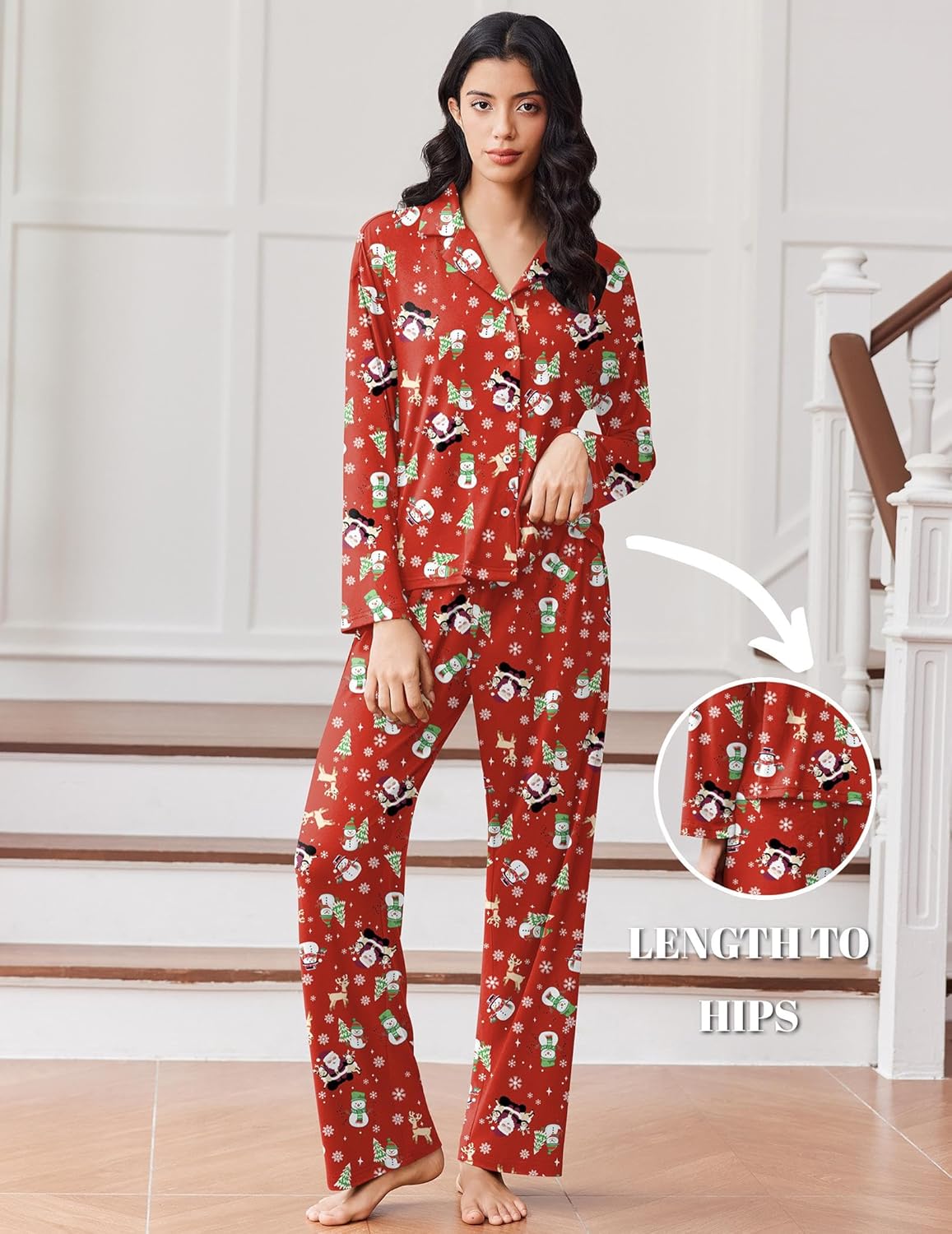 Button-down pajama set with long pants, red holiday print with cartoon figures