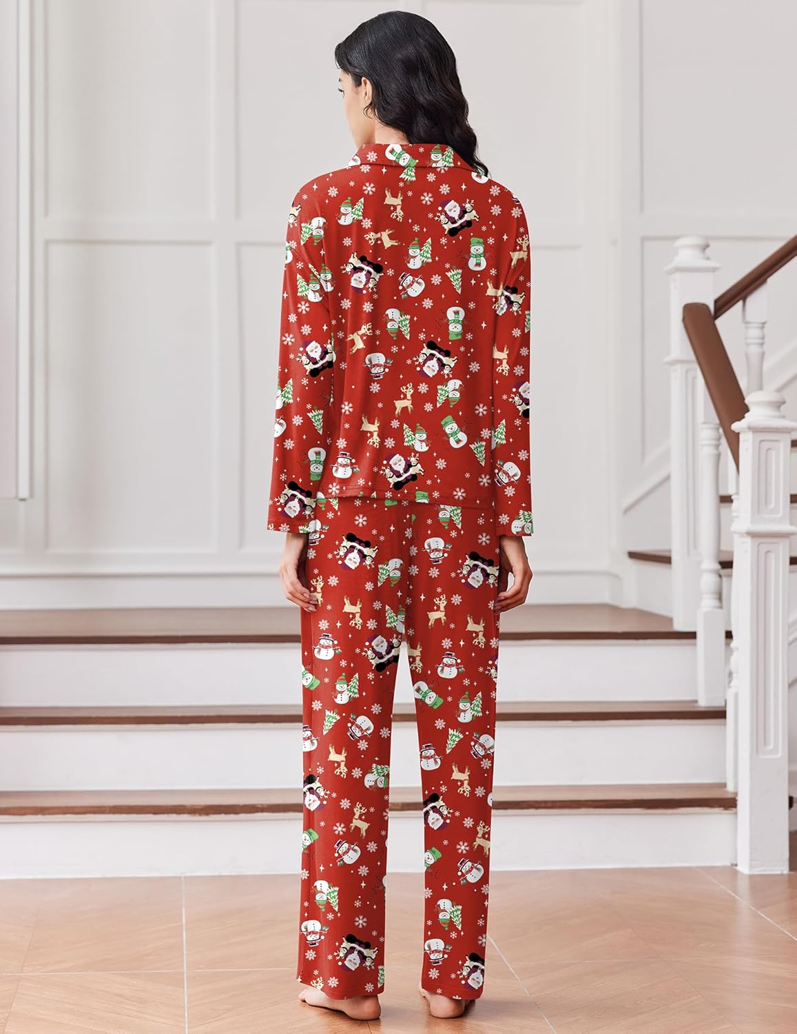 Button-down 2-piece pajama set with long pants, red back view with festive print