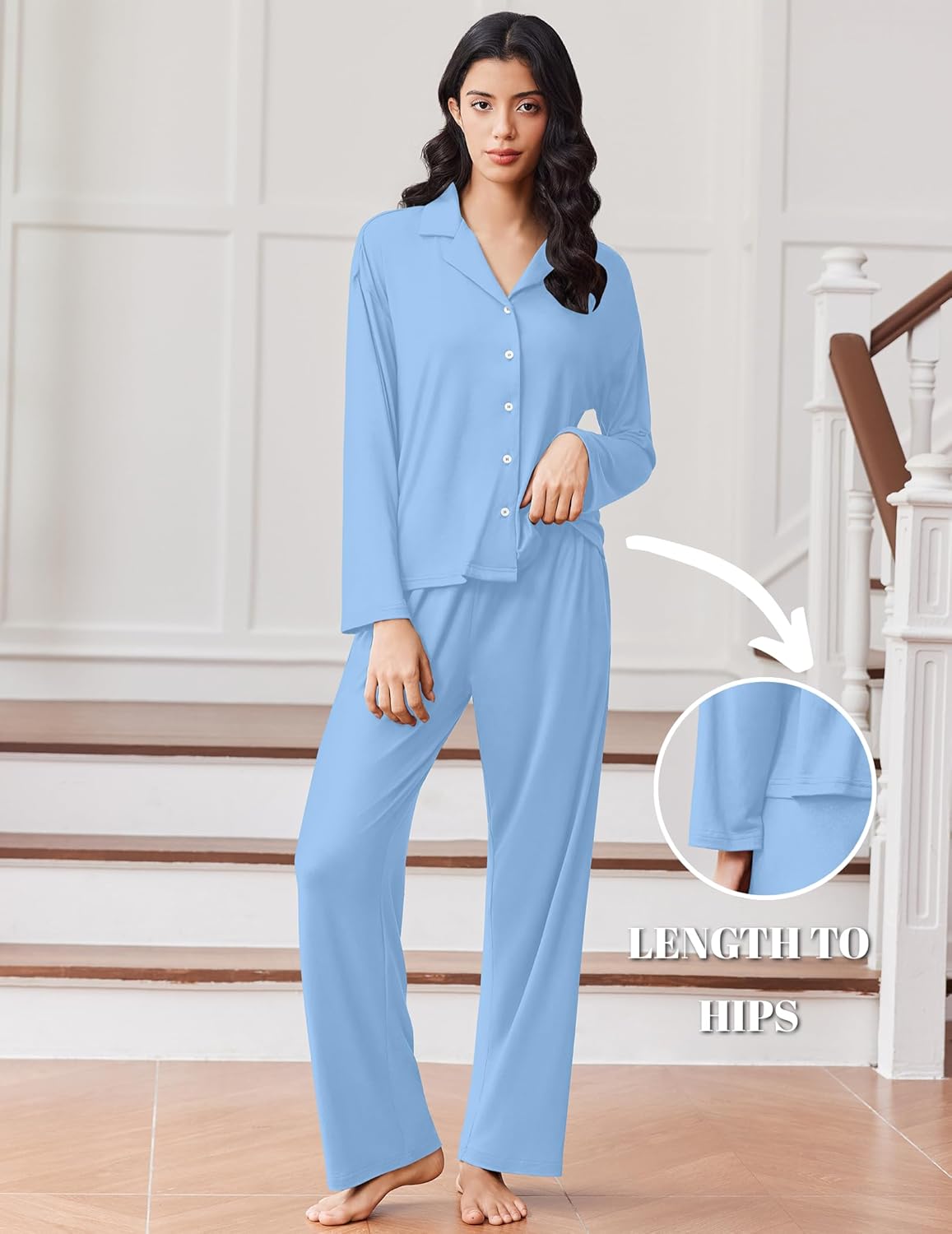 Light blue button-down pajama set with long sleeves and matching long pants