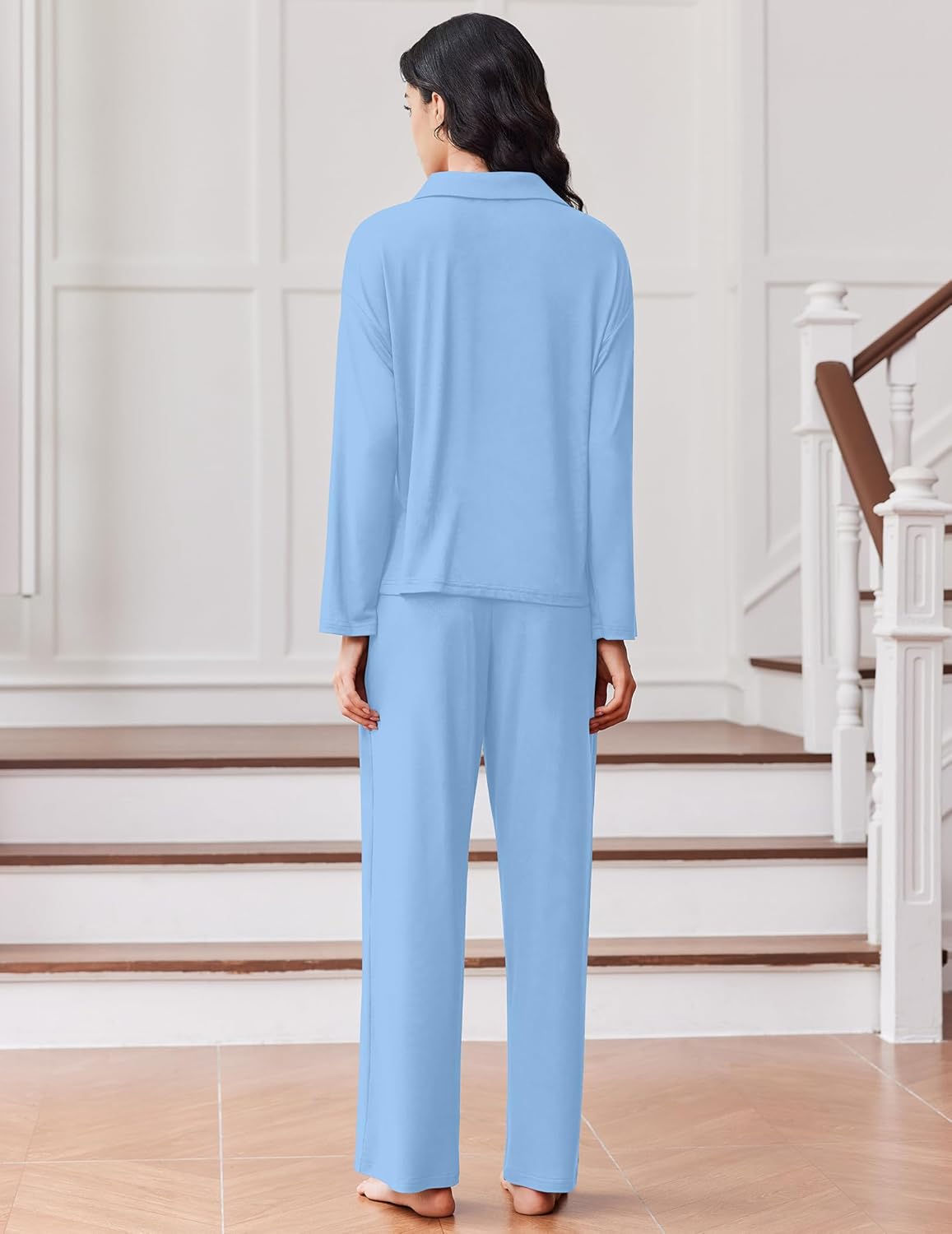 Light blue button-down pajama set with long pants, back view