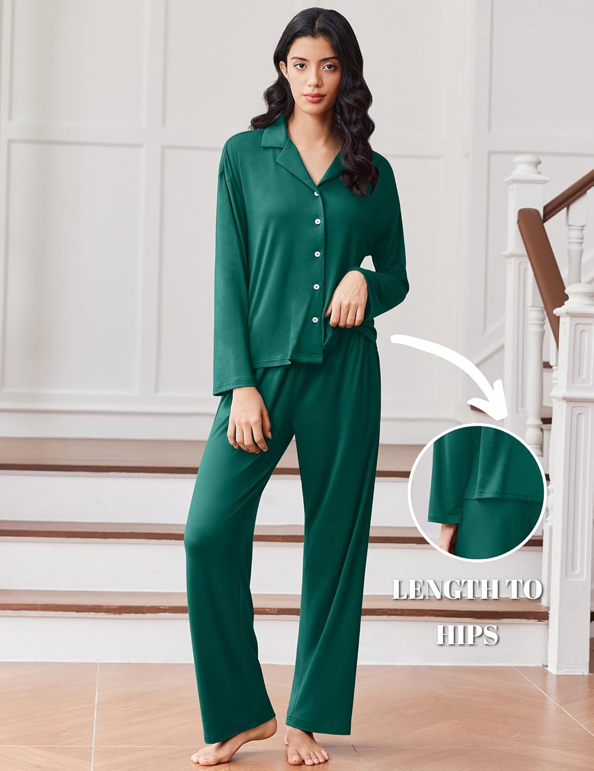 Green button-front pajama set with long-sleeve shirt and full-length pants