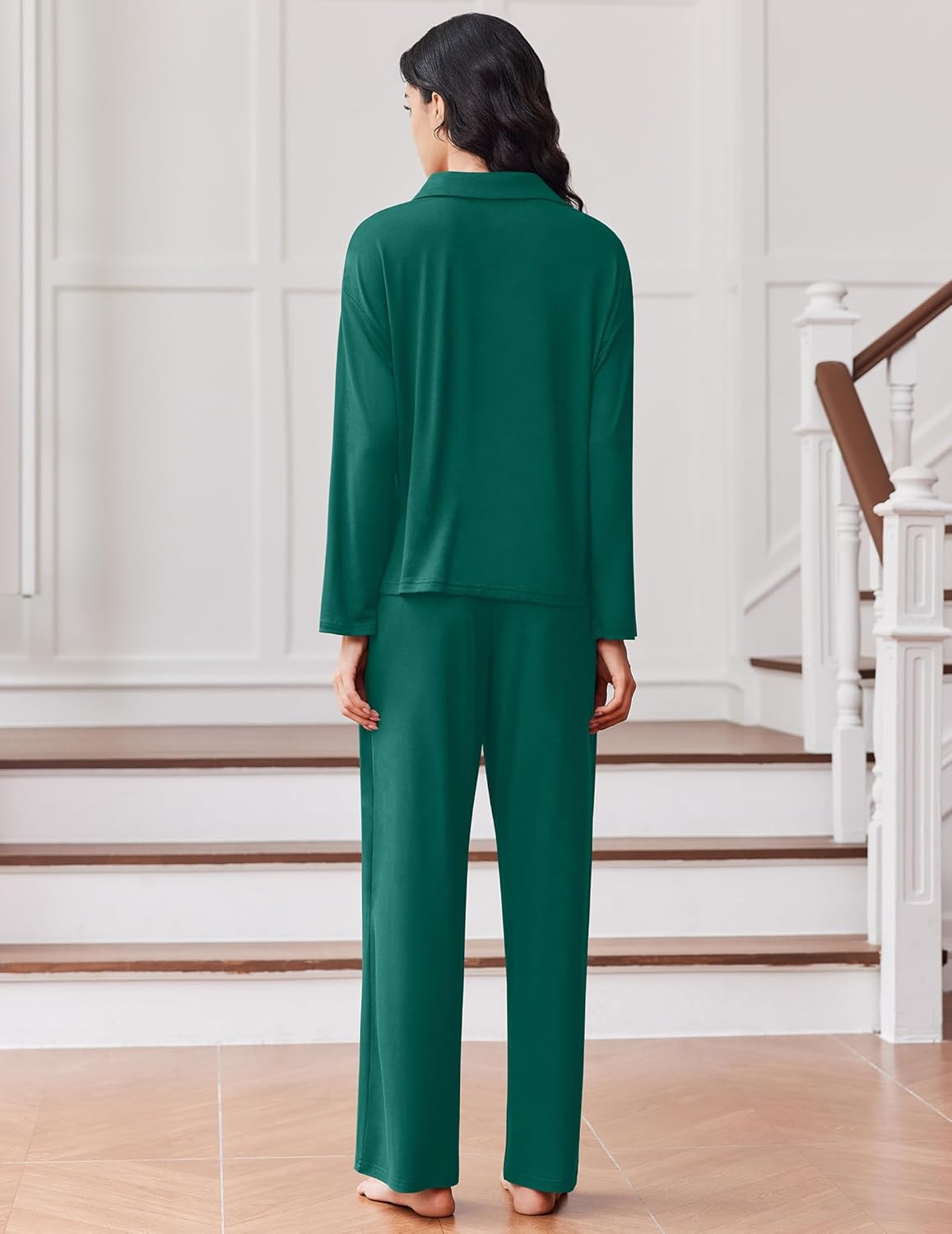 Forest green pajama set, back view of long-sleeve button shirt and trousers