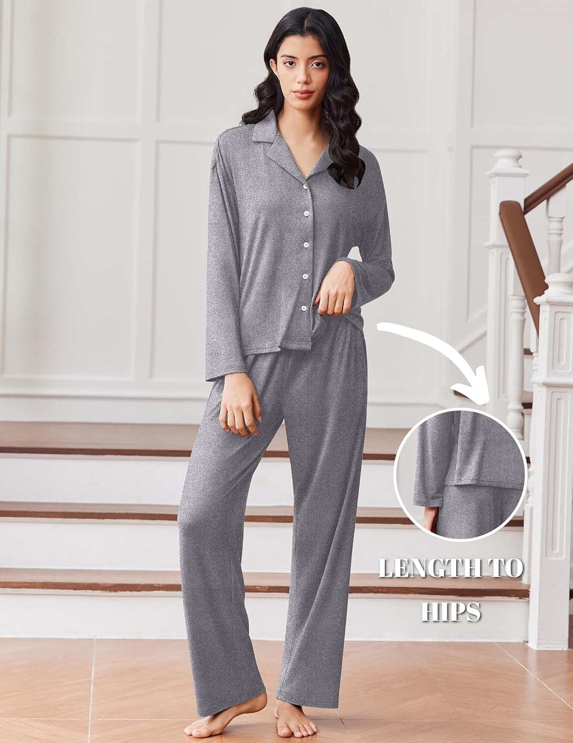 Button-Down-Long-Pyjama-Set, hellgrau meliert, mit Knopfleiste und langen Hosen