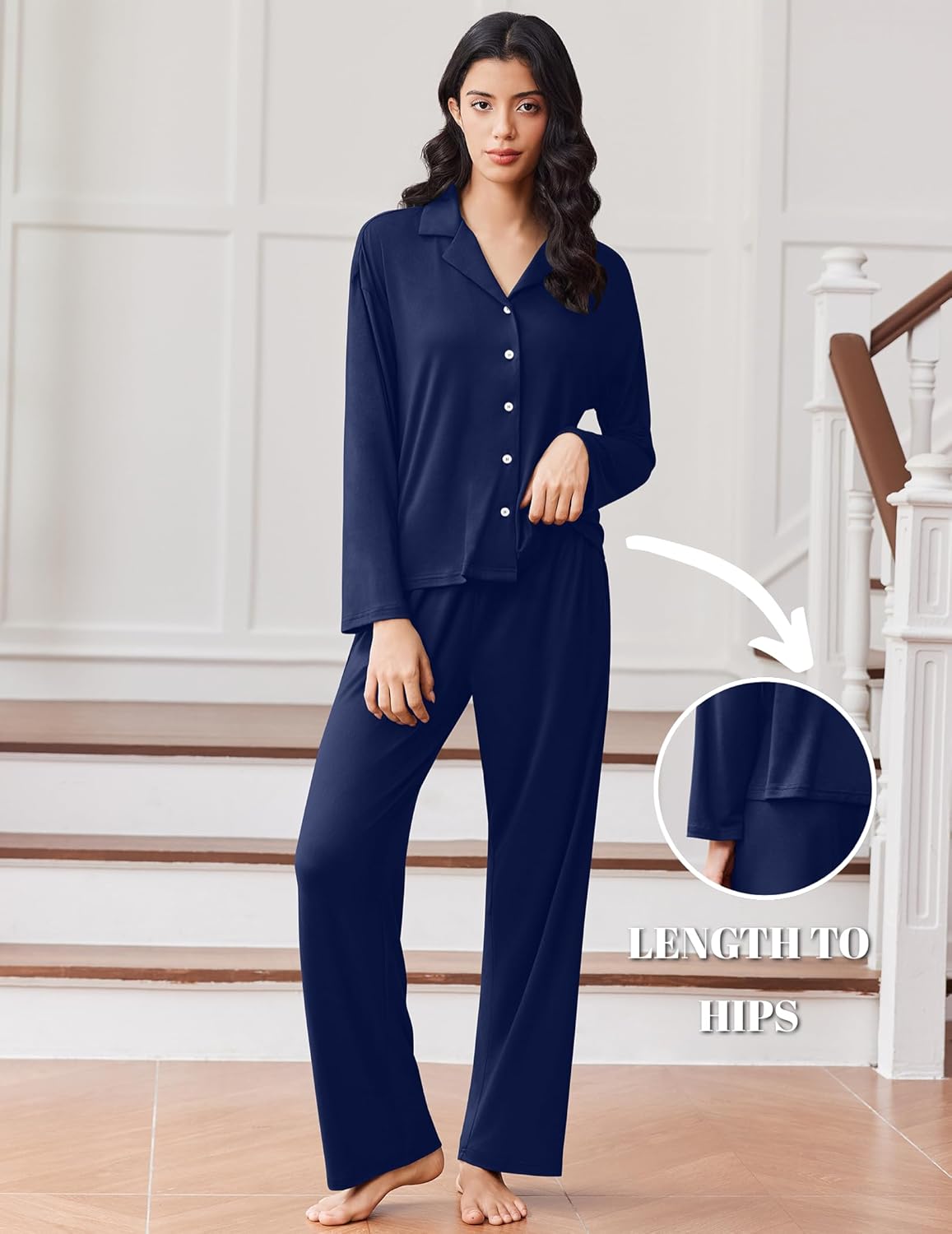 Navy button-down pajama set, long sleeves with matching long pants