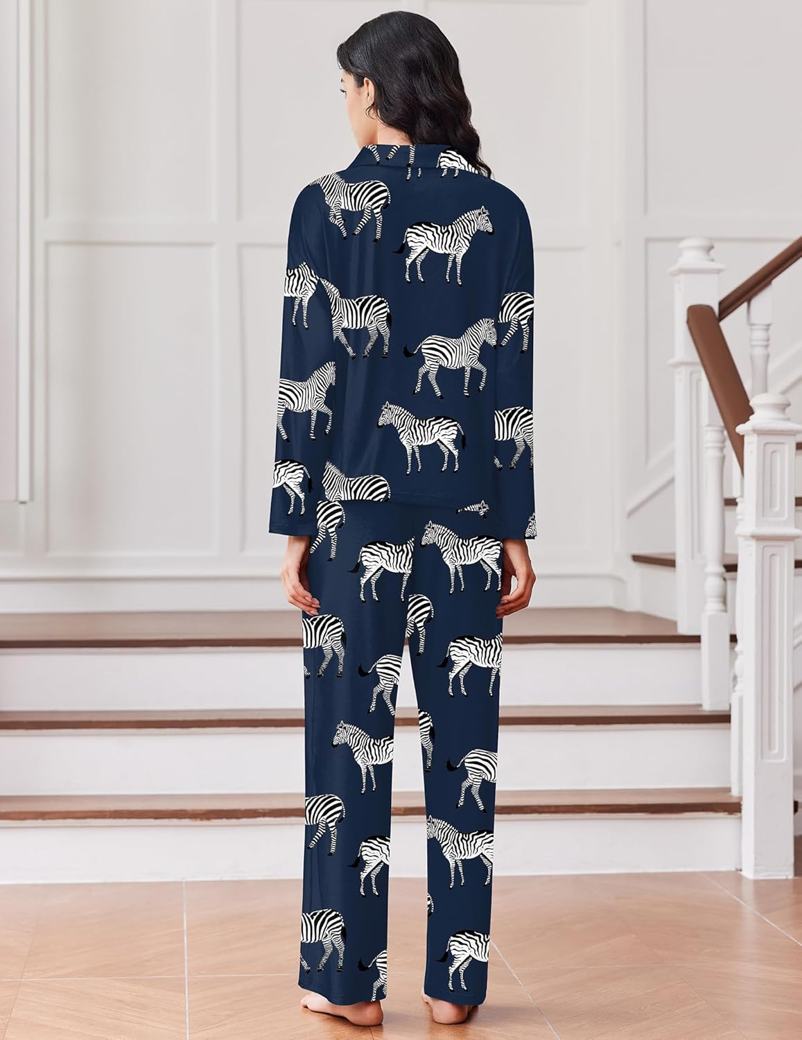 Navy zebra-print button-down pajama set, long pants and back view