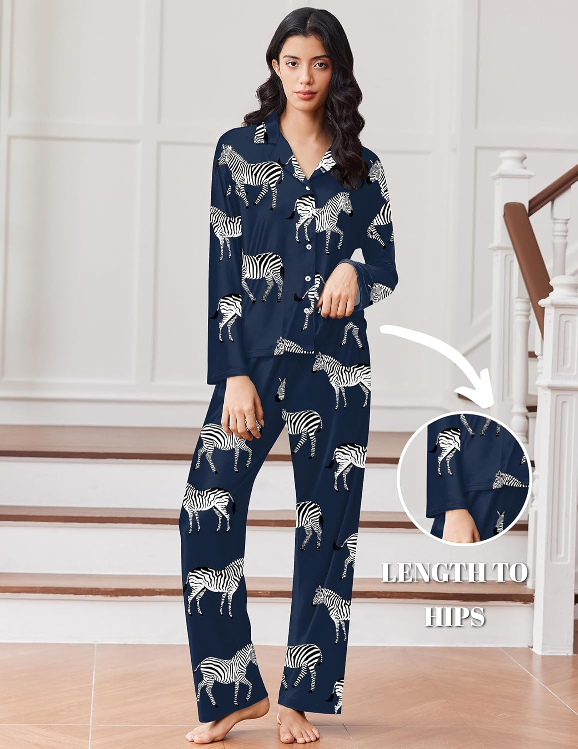 Navy button-down pajama set with zebra print and matching long pants