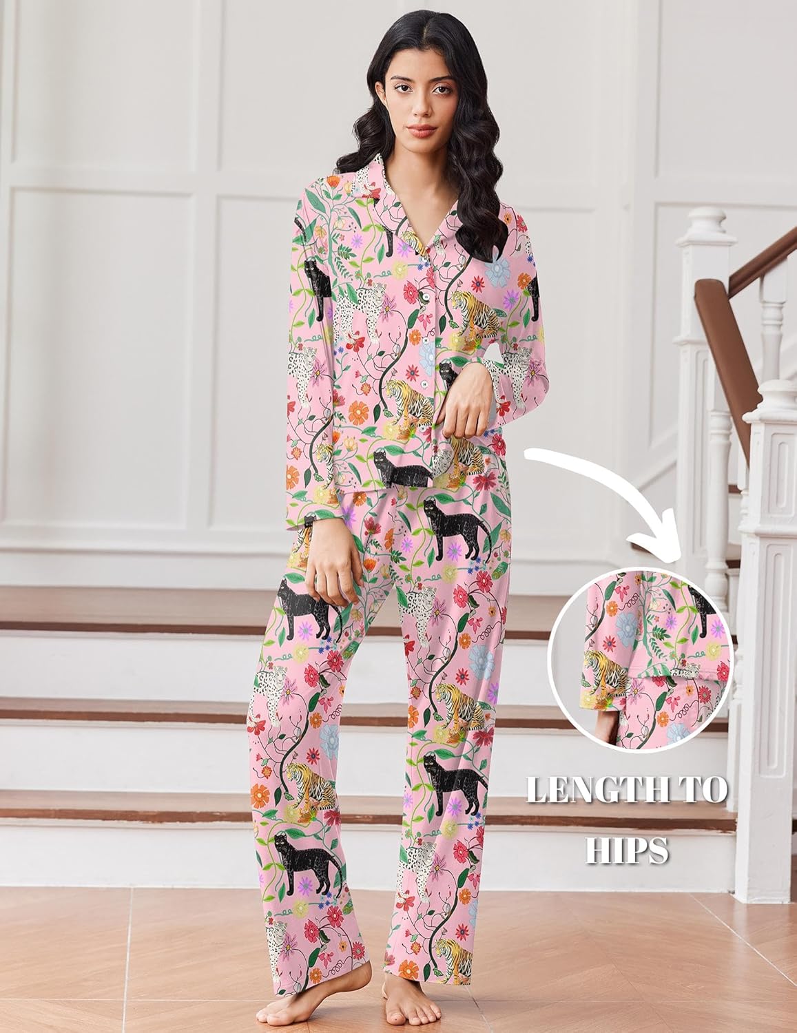 Pink button-down pajama set with colorful animal print and matching long pants