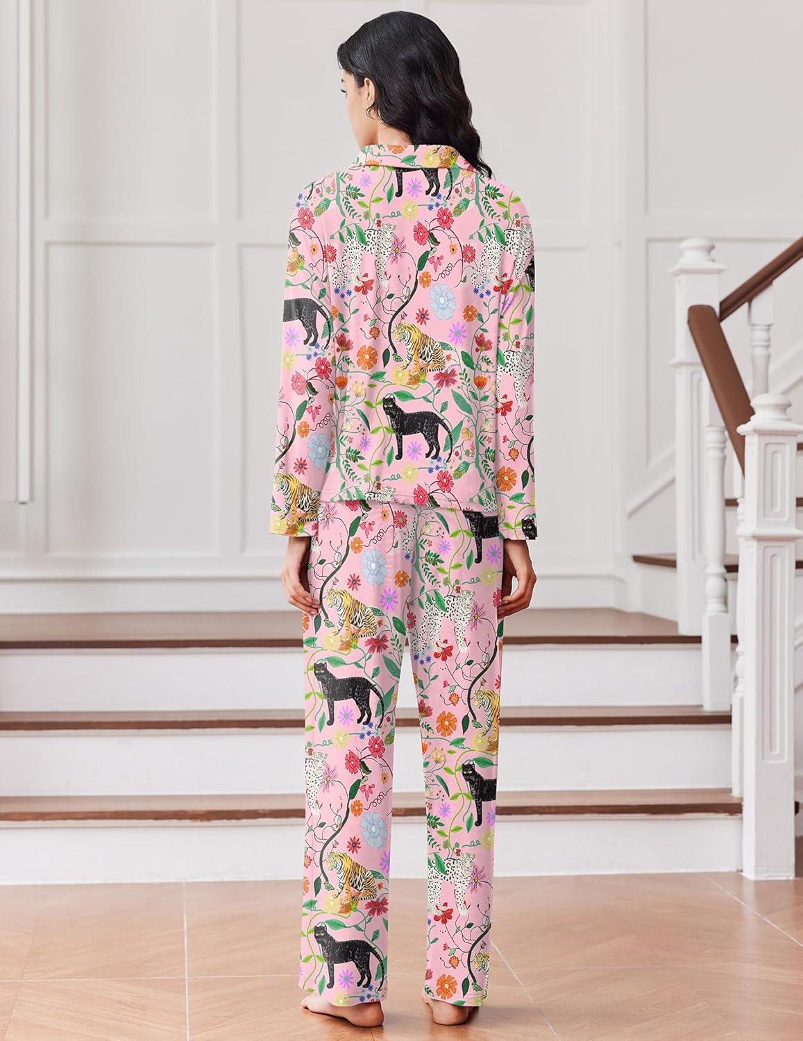 Pink animal-print button-down pajama set with long pants, back view