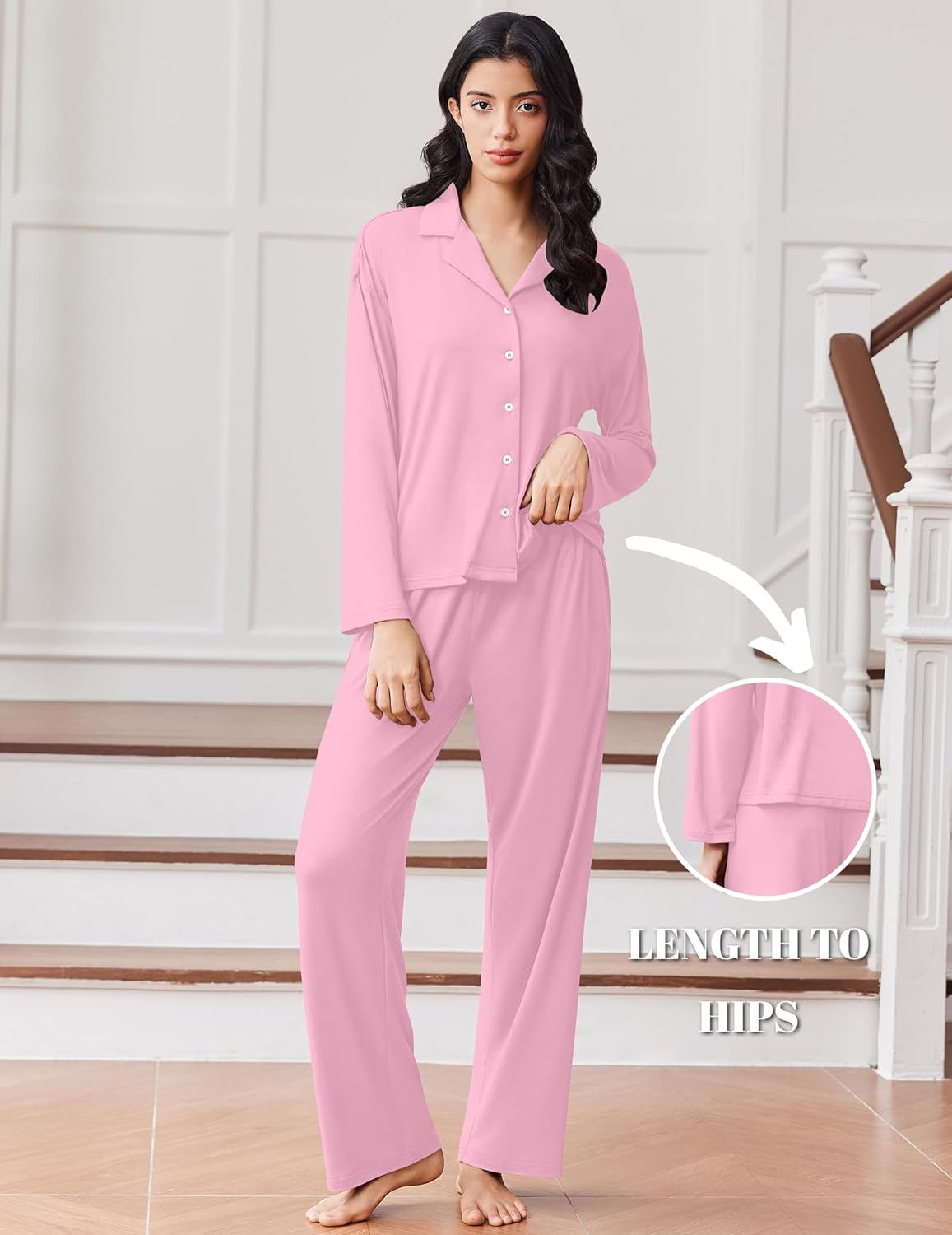 Pink button-down pajama set, long-sleeve top with matching long pants