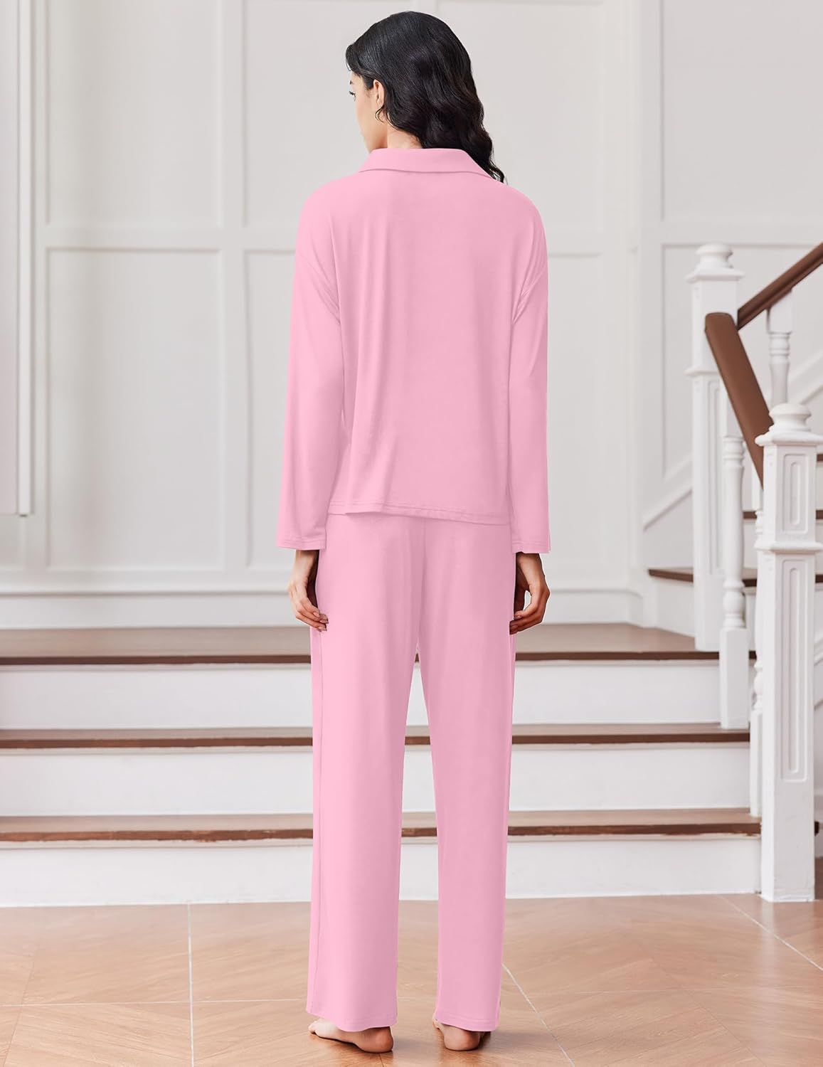 Pink button-down pajama set with long pants, back view