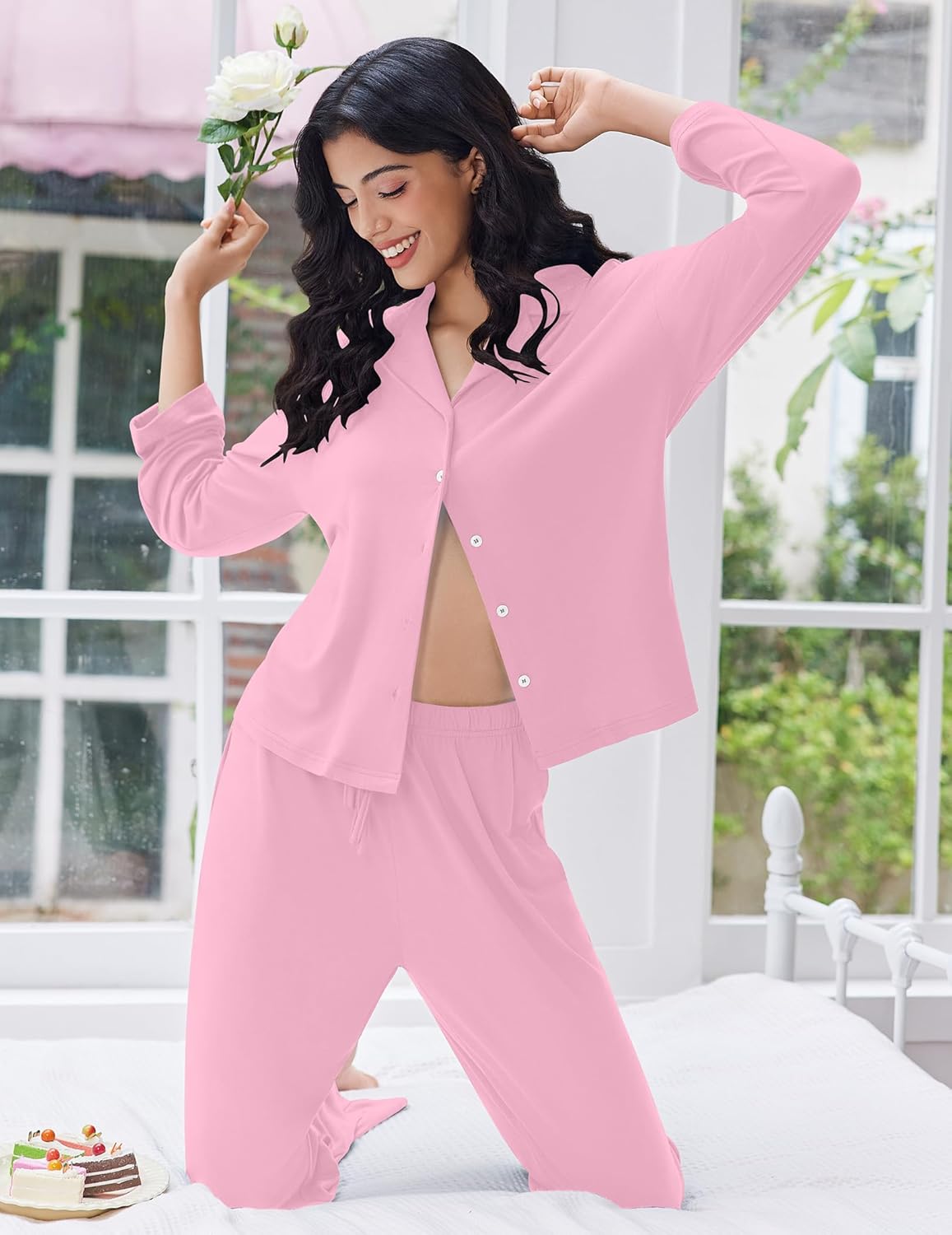Pink pajama set in button-down style with long sleeves and matching long pants