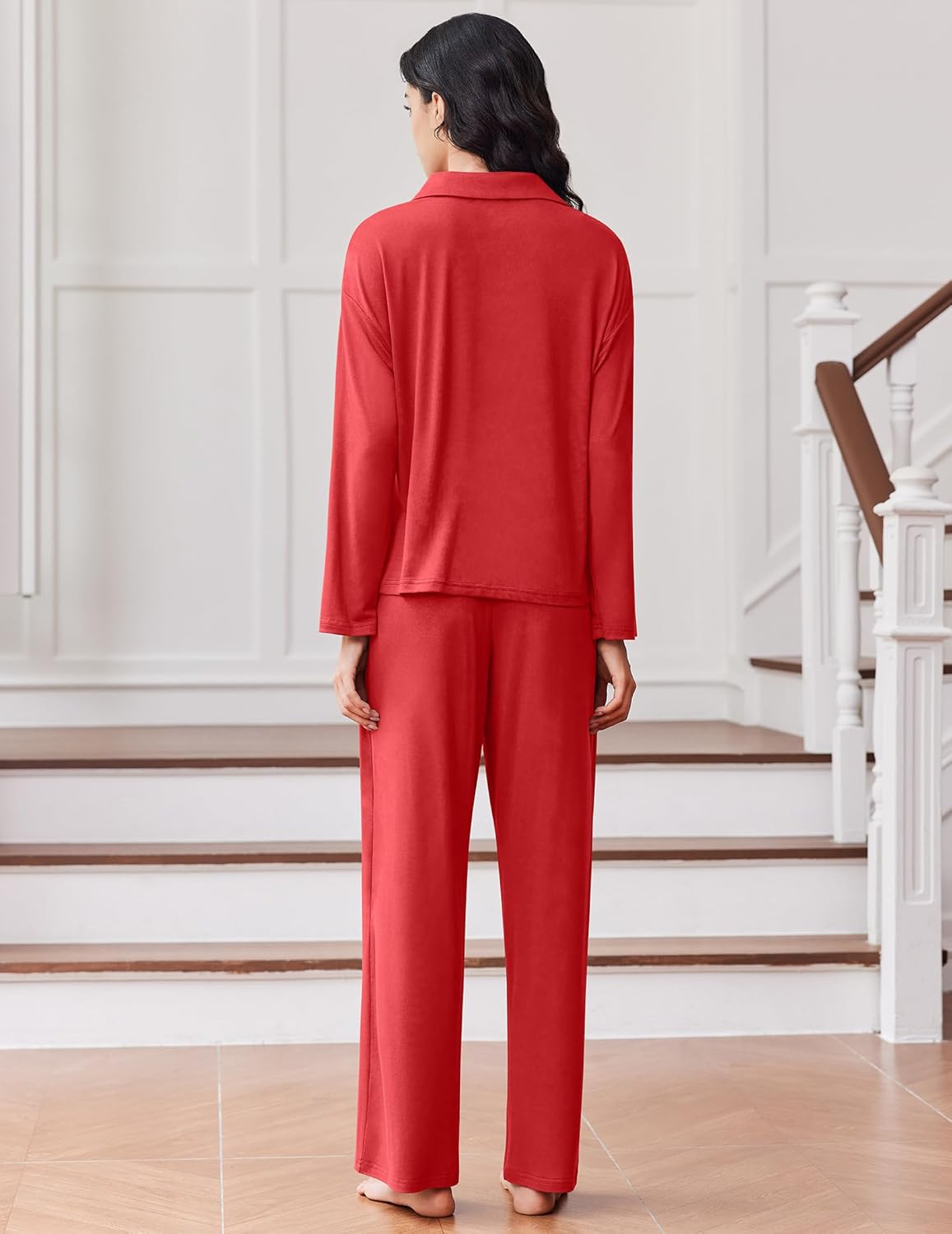 Red pajama set, back view of button-down long shirt and long pants