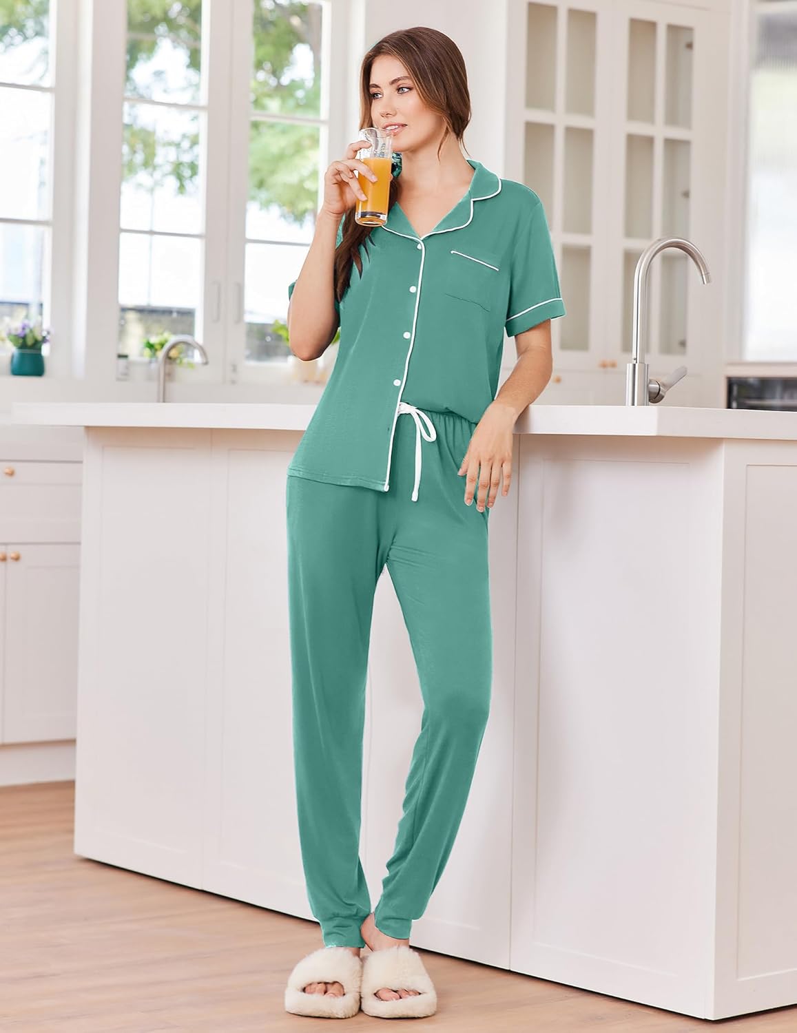 Green button-front pajama shirt with drawstring jogger pants and contrast piping
