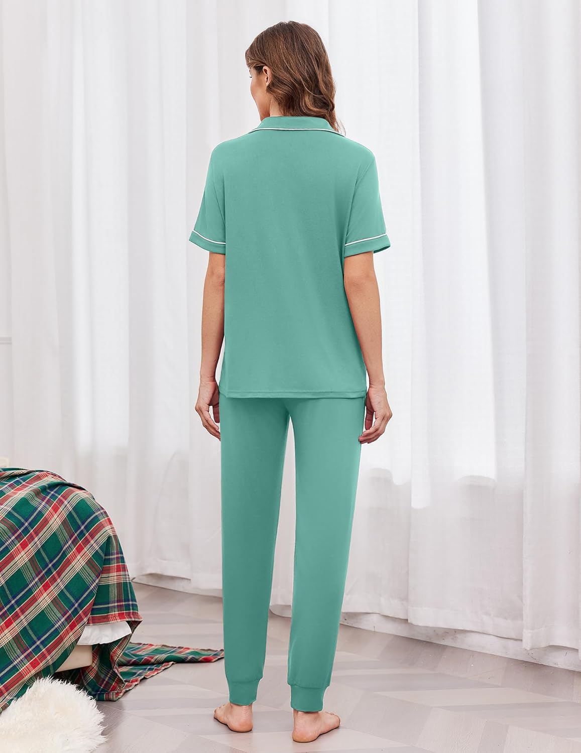 Green button-front pajama shirt with drawstring jogger pants, back view
