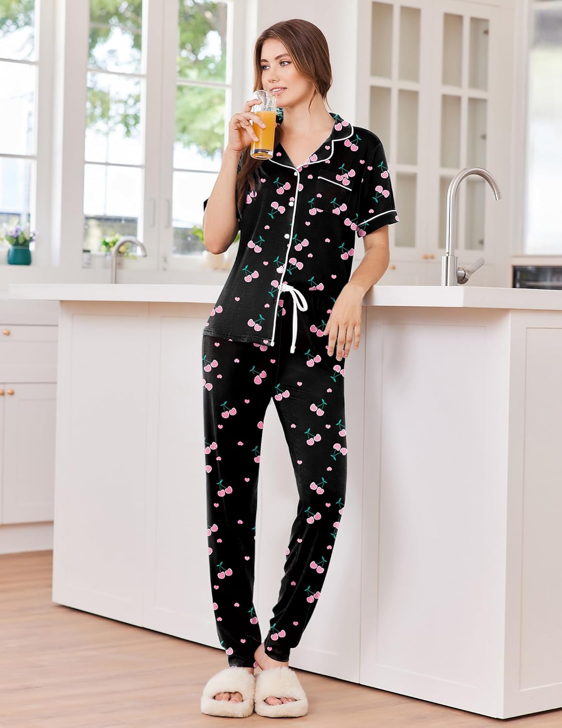 Black cherry-print pajama set with button front and drawstring jogger pants