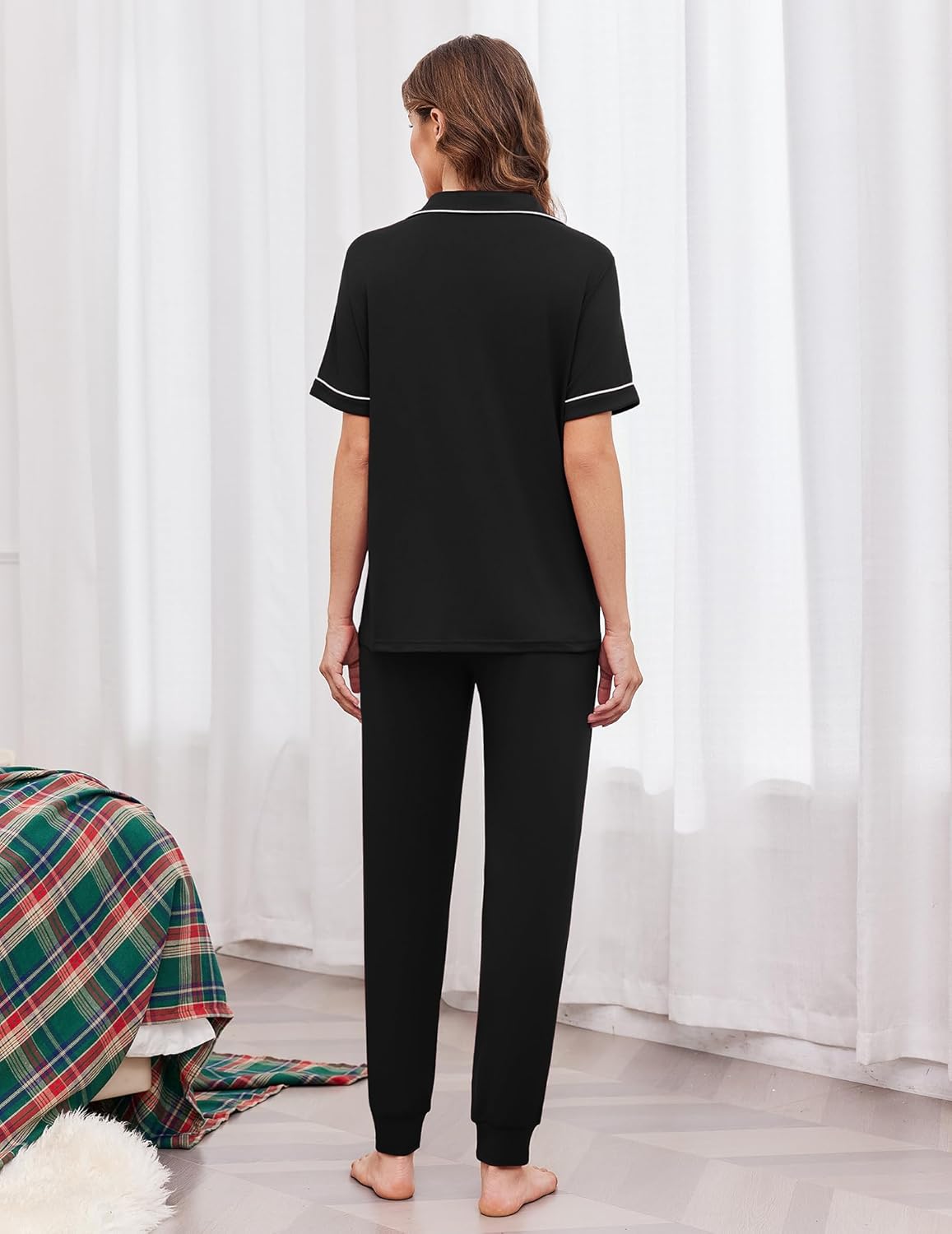 Black button-front pajama set with drawstring jogger pants, back view