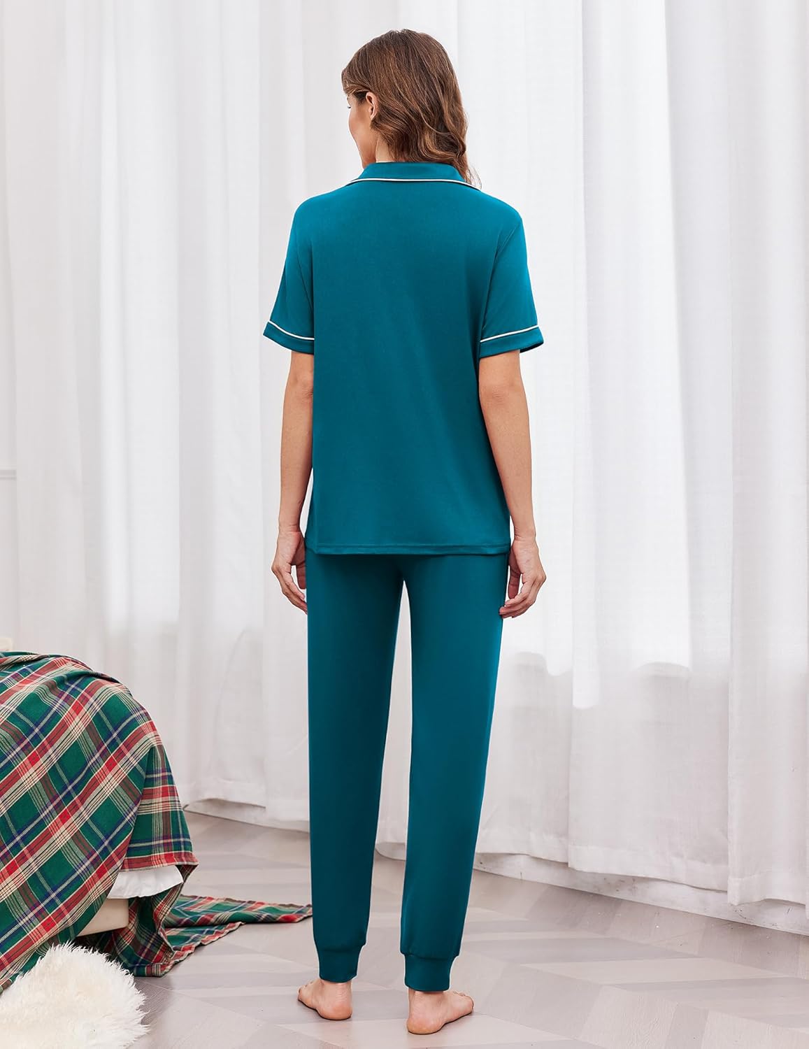 Teal button-front pajama set, short-sleeve top with collar and jogger pants (back view)