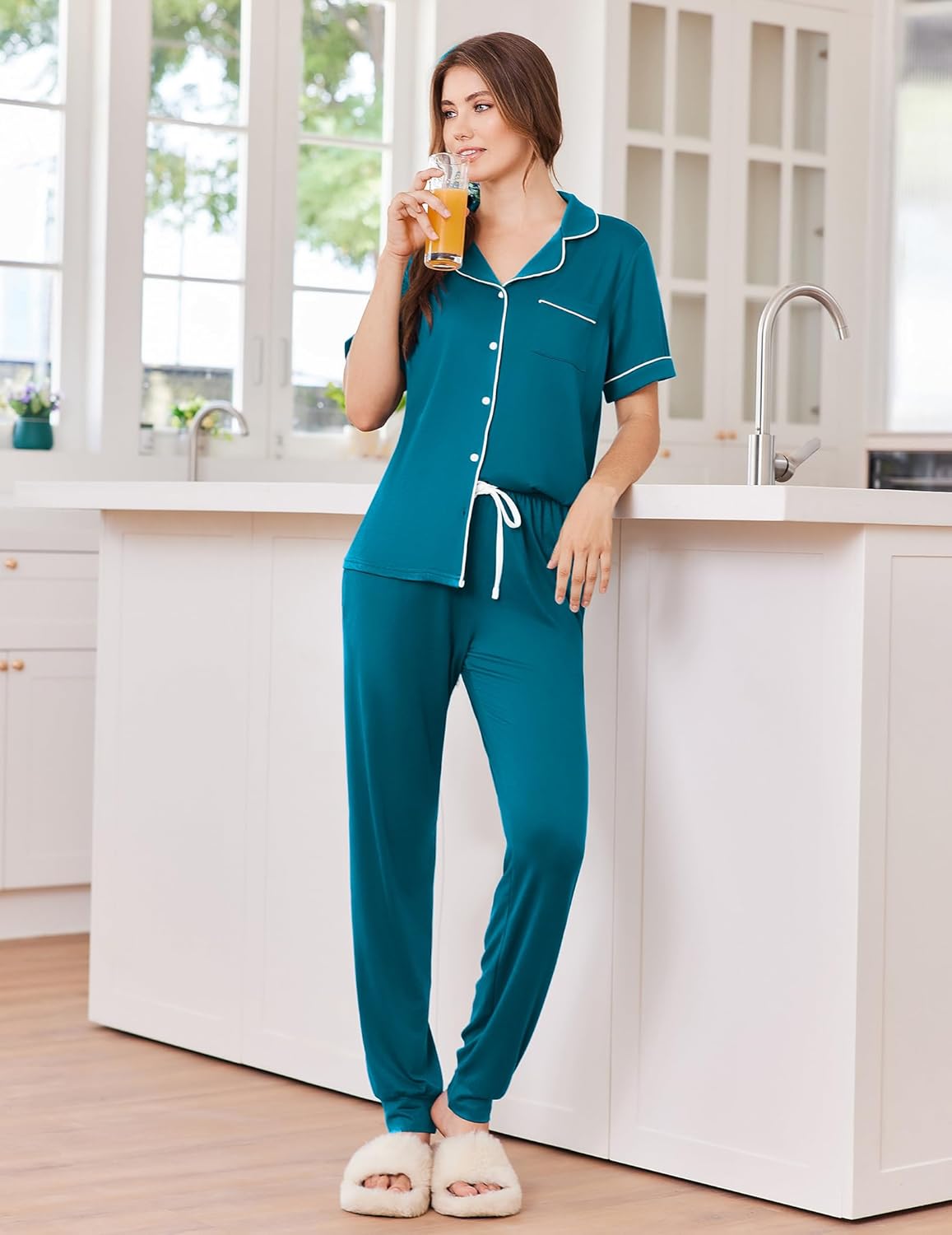 Teal button-front pajama set with collar and drawstring jogger pants, short sleeves