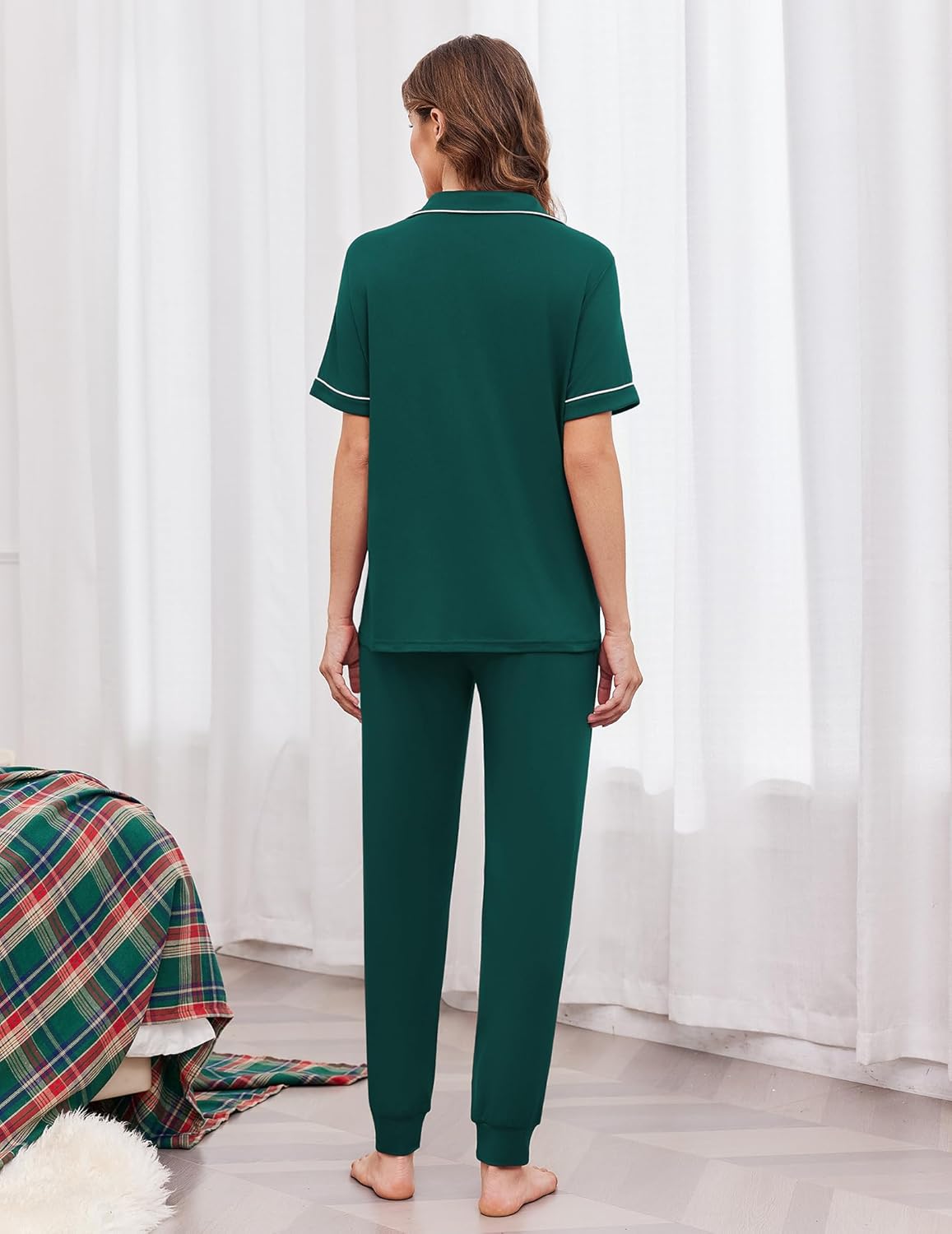 Green pajama set back view with button placket and jogger pants, white trim