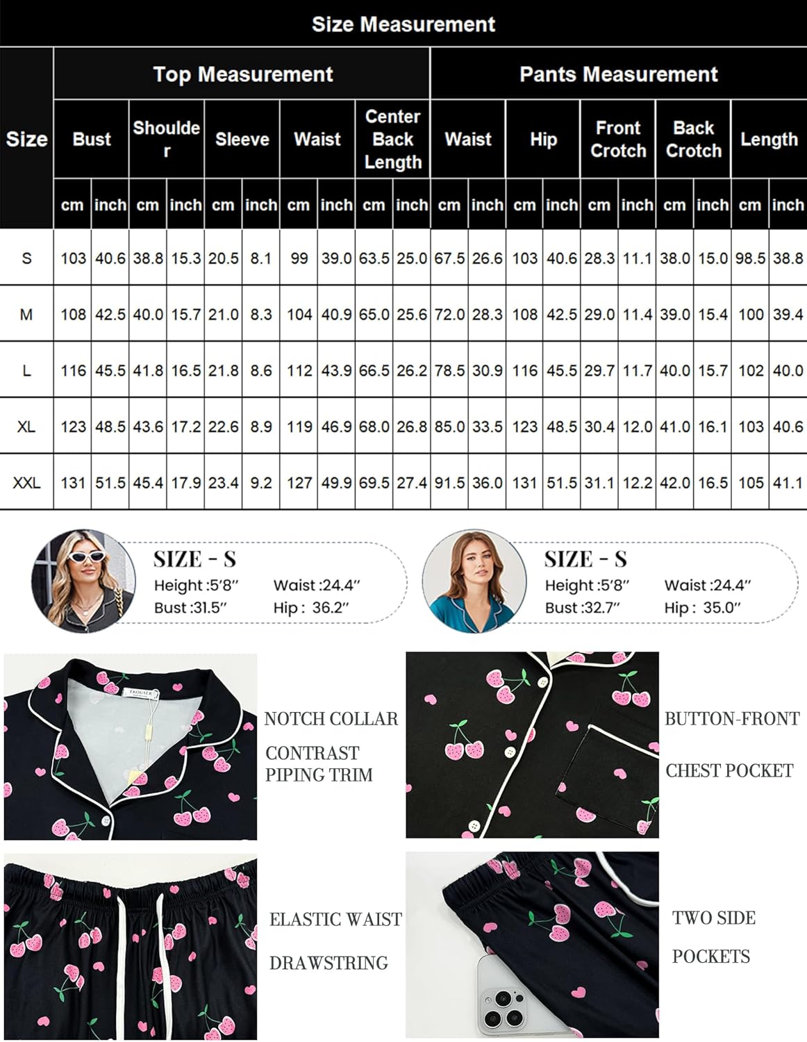 Pajama set size chart and feature labels: collar, button front, pockets, elastic waist