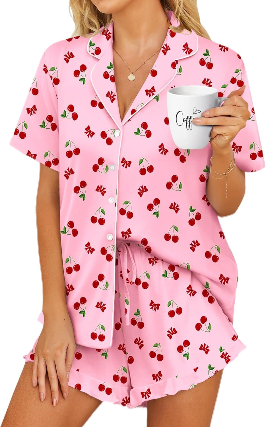 Pink cherry-print short-sleeve button-up pajama top with chest buttons and collar