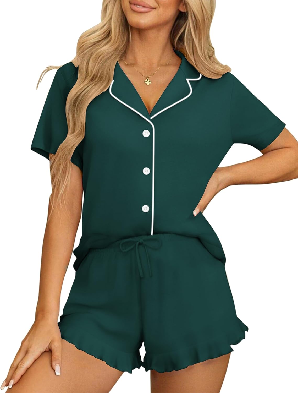Dark green button-down short-sleeve pajama top with matching drawstring shorts