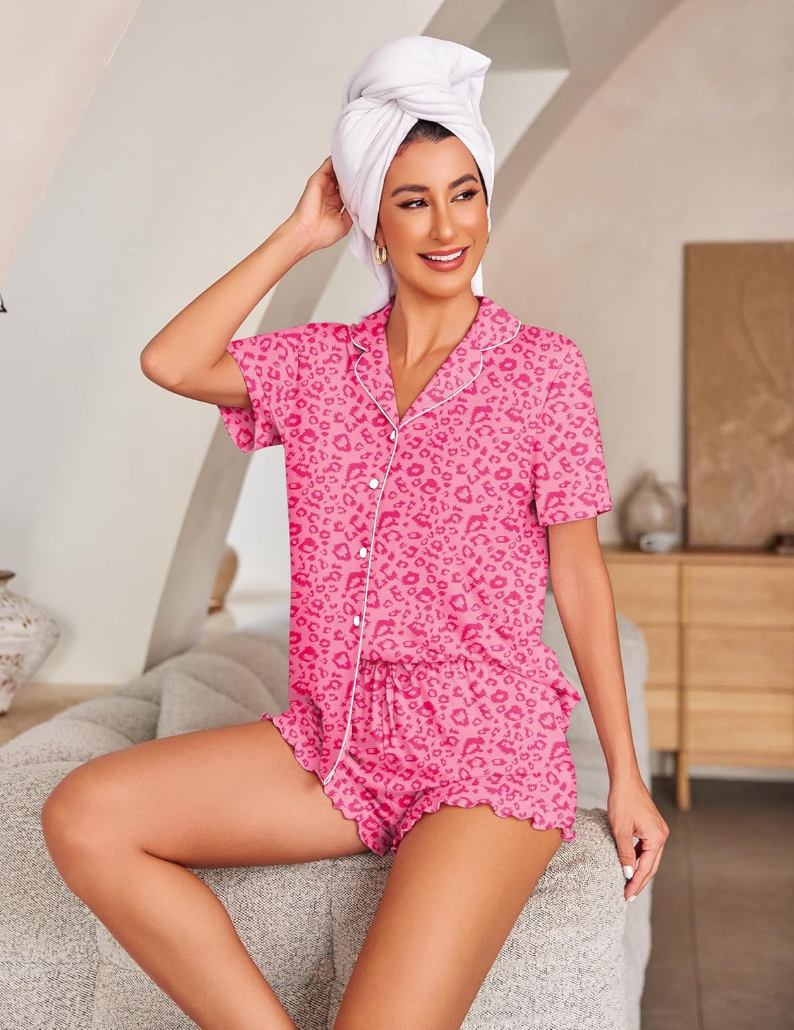 Button-down short-sleeve pajama set in pink leopard print: button-front top and shorts
