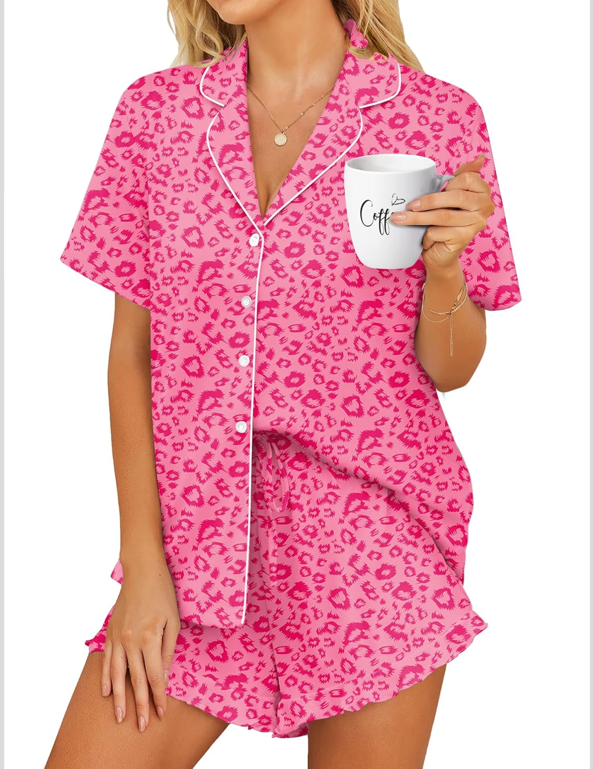 Button-down short-sleeve pajama set in pink with leopard print: button-front top and shorts