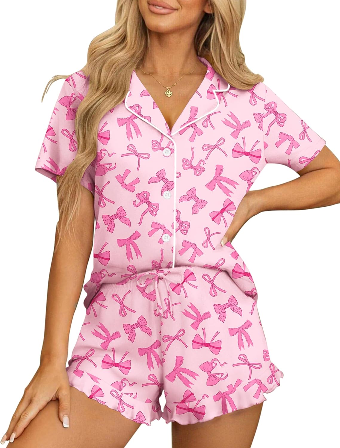 Pink bow print women's pajama set with short-sleeve button shirt and tie shorts