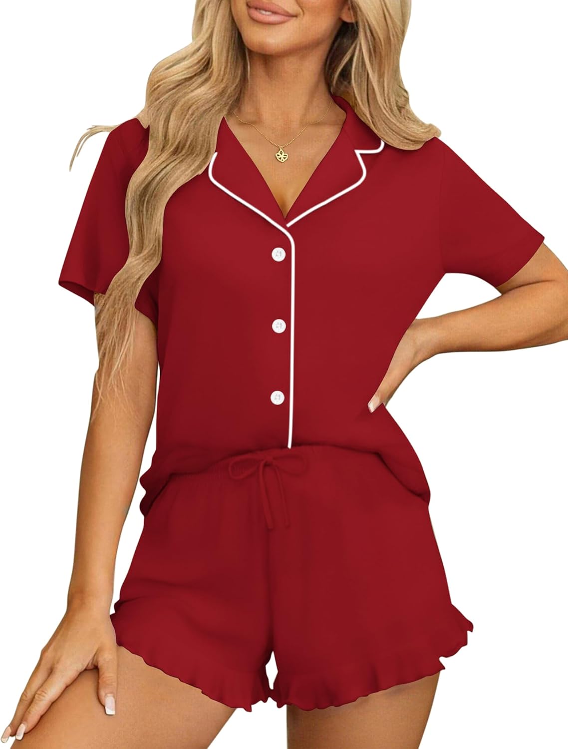 Wine red button-front pajama set with short sleeves and matching elastic-waist shorts